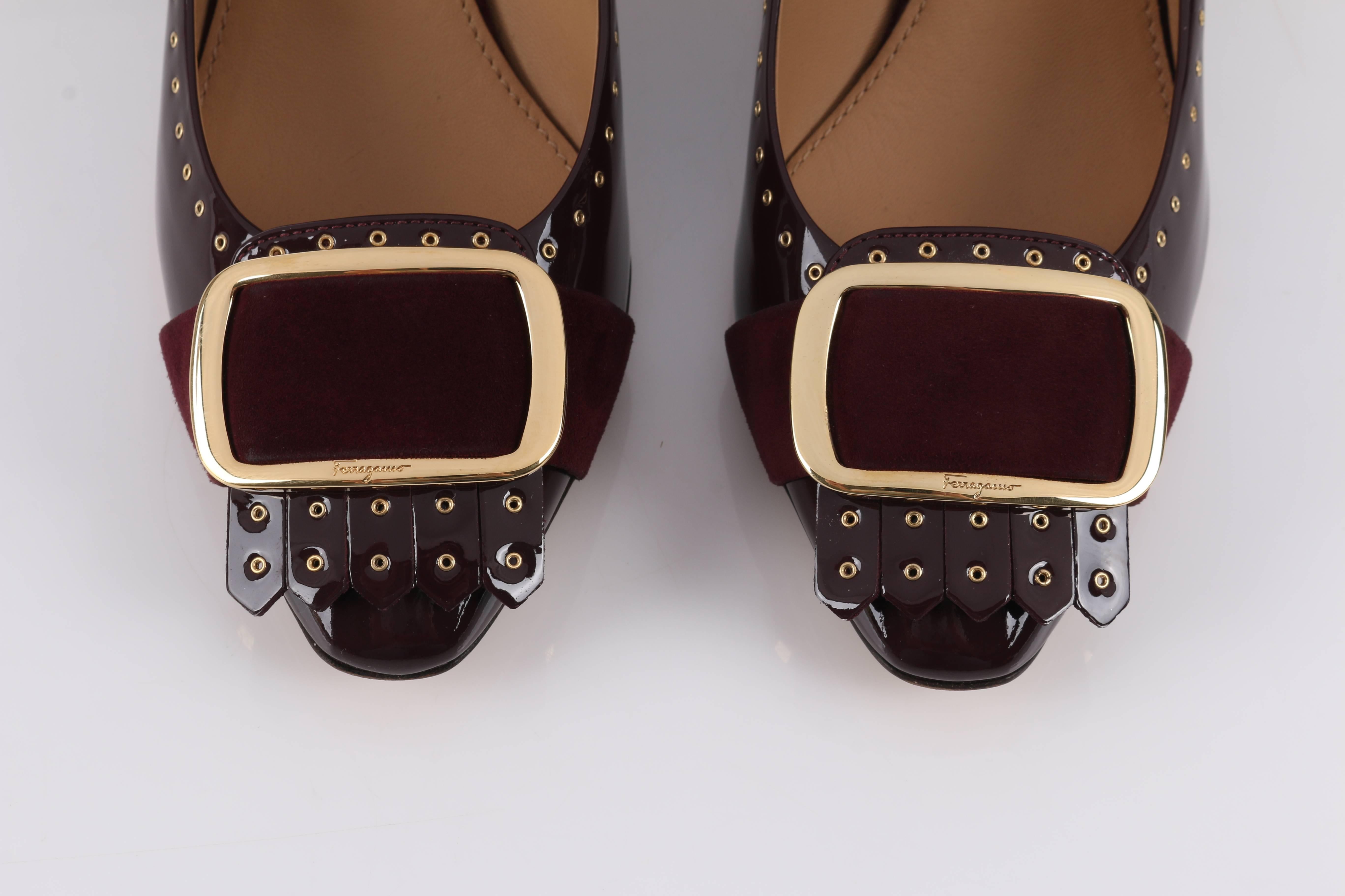 Women's SALVATORE FERRAGAMO Burgundy Gold Buckle Fringe Patent Leather Pumps Heels Shoe