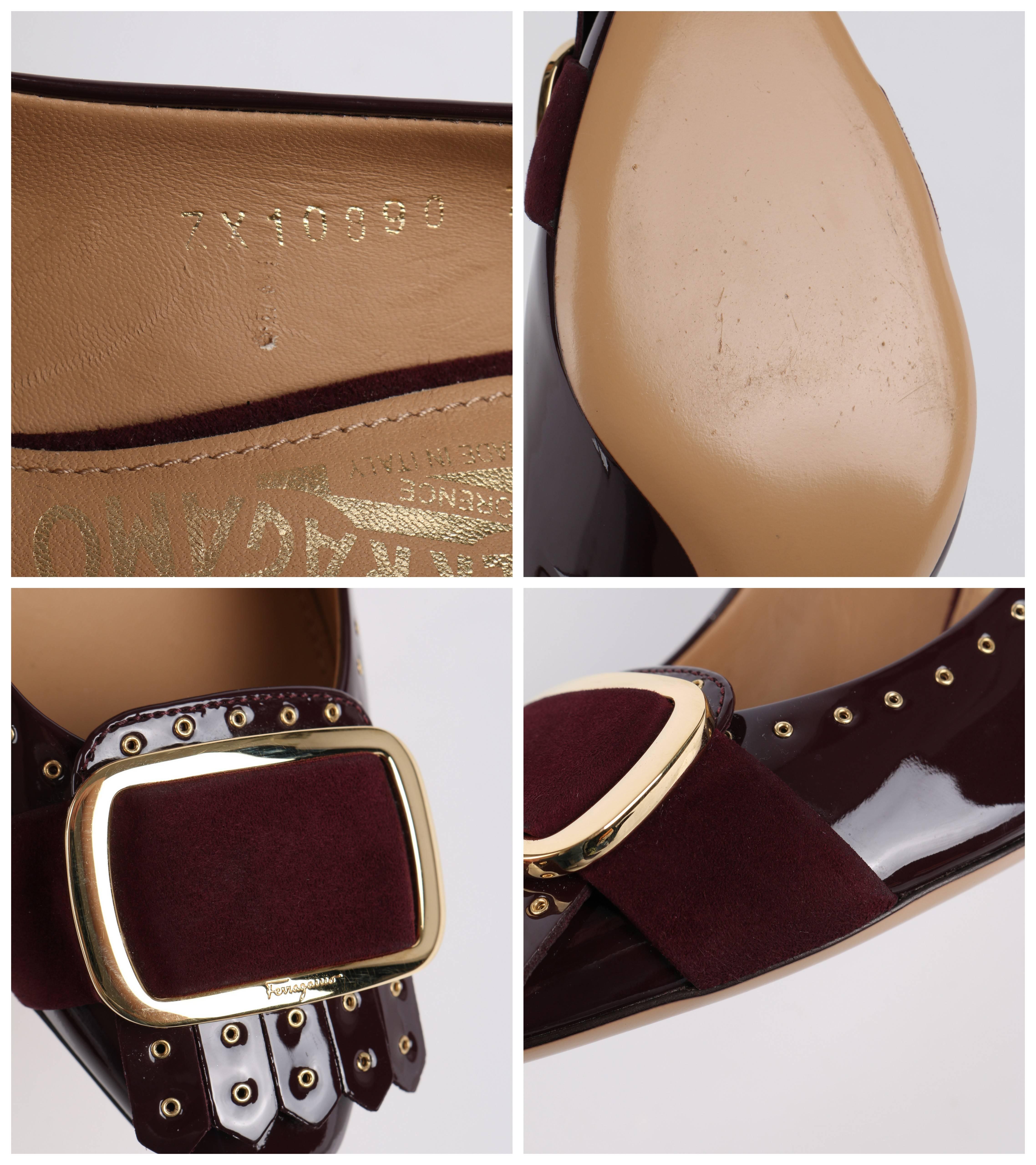 SALVATORE FERRAGAMO Burgundy Gold Buckle Fringe Patent Leather Pumps Heels Shoe 1