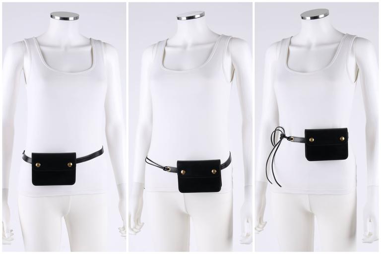 HERMES c.1985 Black Calf Skin Leather Tie Belt Waist Bag With Box at