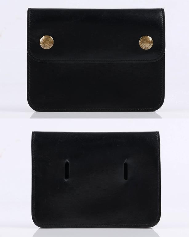 HERMES c.1985 Black Calf Skin Leather Tie Belt Waist Bag With Box at