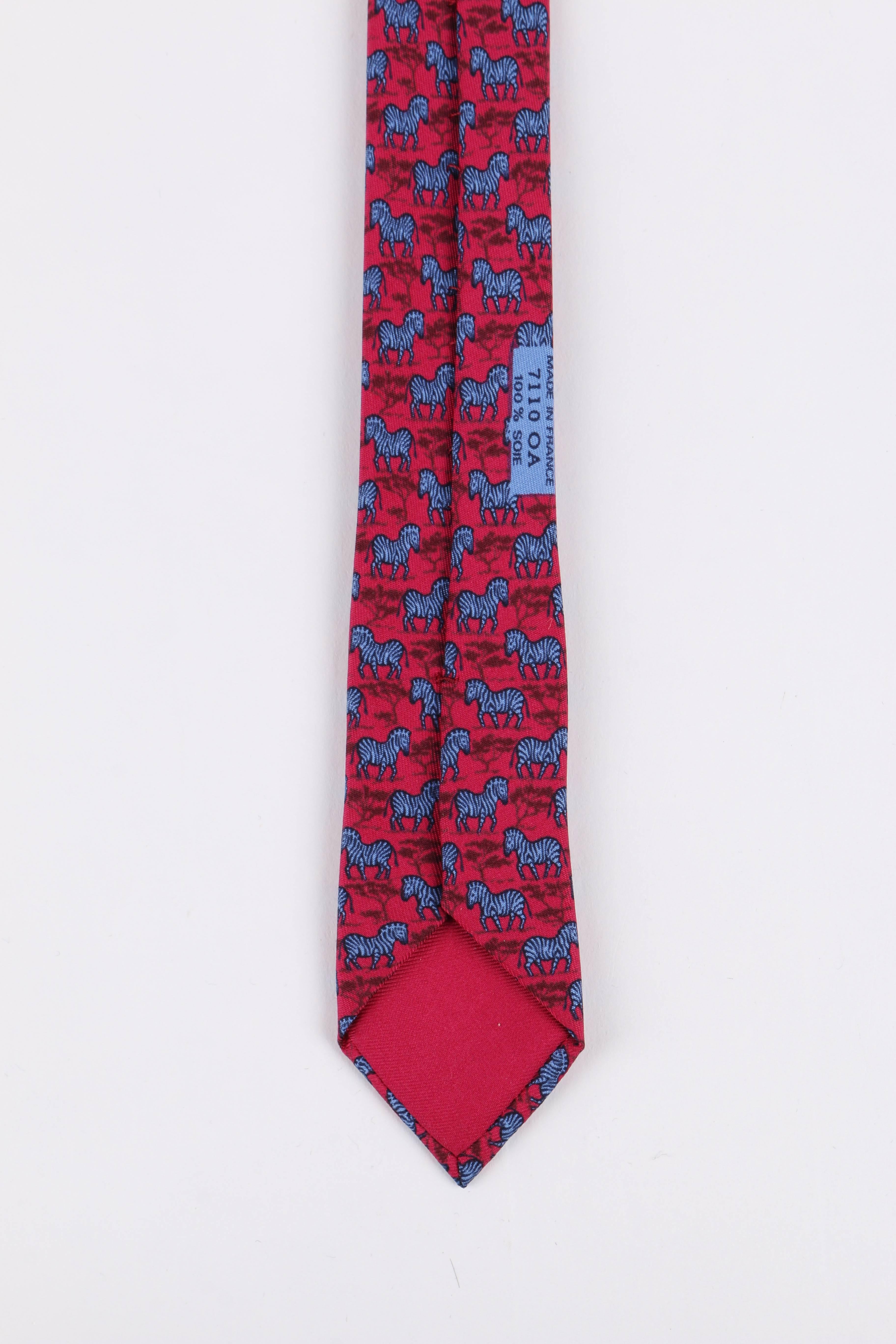 HERMES Raspberry Blue Zebra Tree African Print 5 Fold Silk Necktie Tie 7110 OA 1