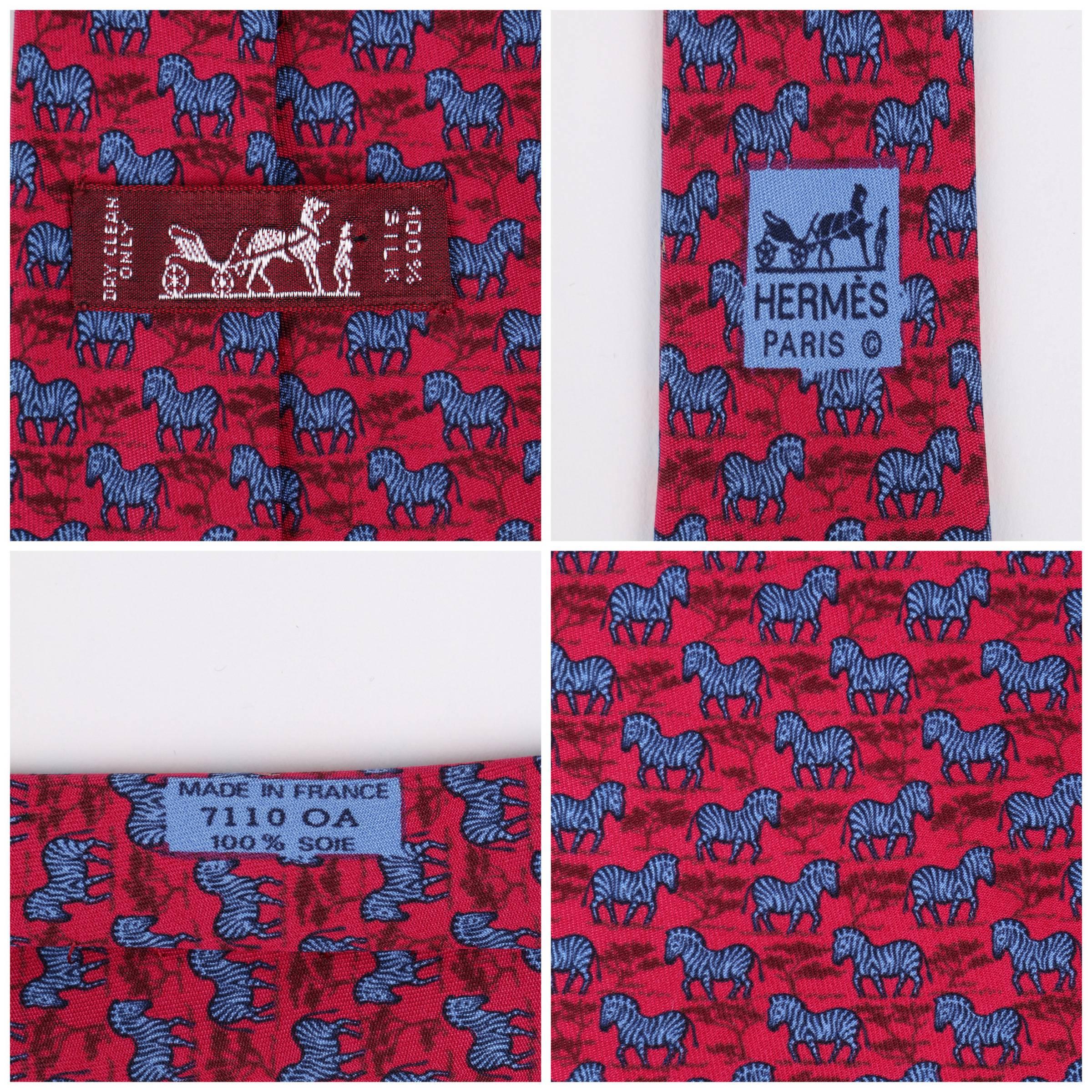 Pink HERMES Raspberry Blue Zebra Tree African Print 5 Fold Silk Necktie Tie 7110 OA