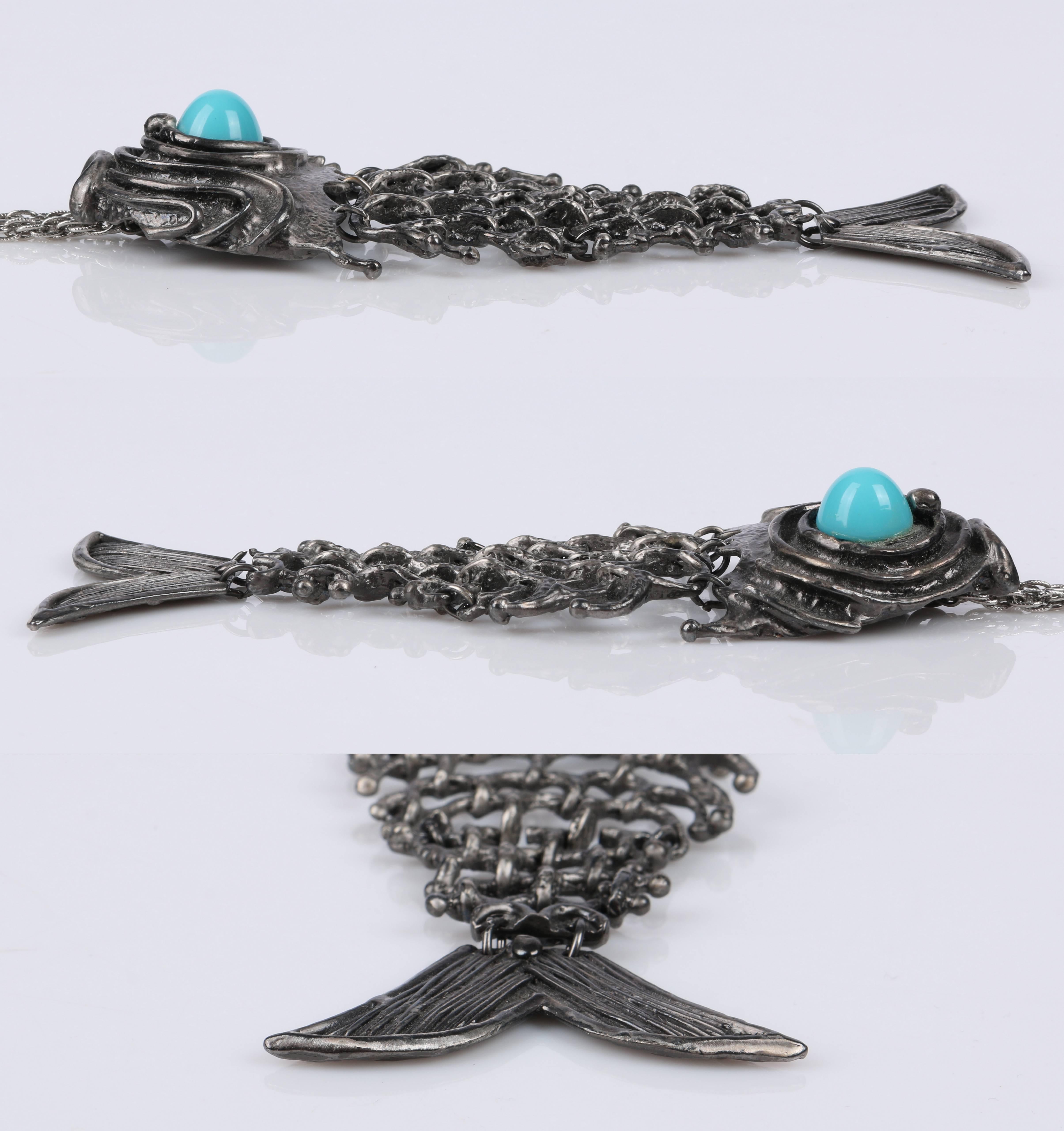 ERWIN PEARL c.1970's Large Silver Turquoise Fish Signed Pendant Chain Necklace 1