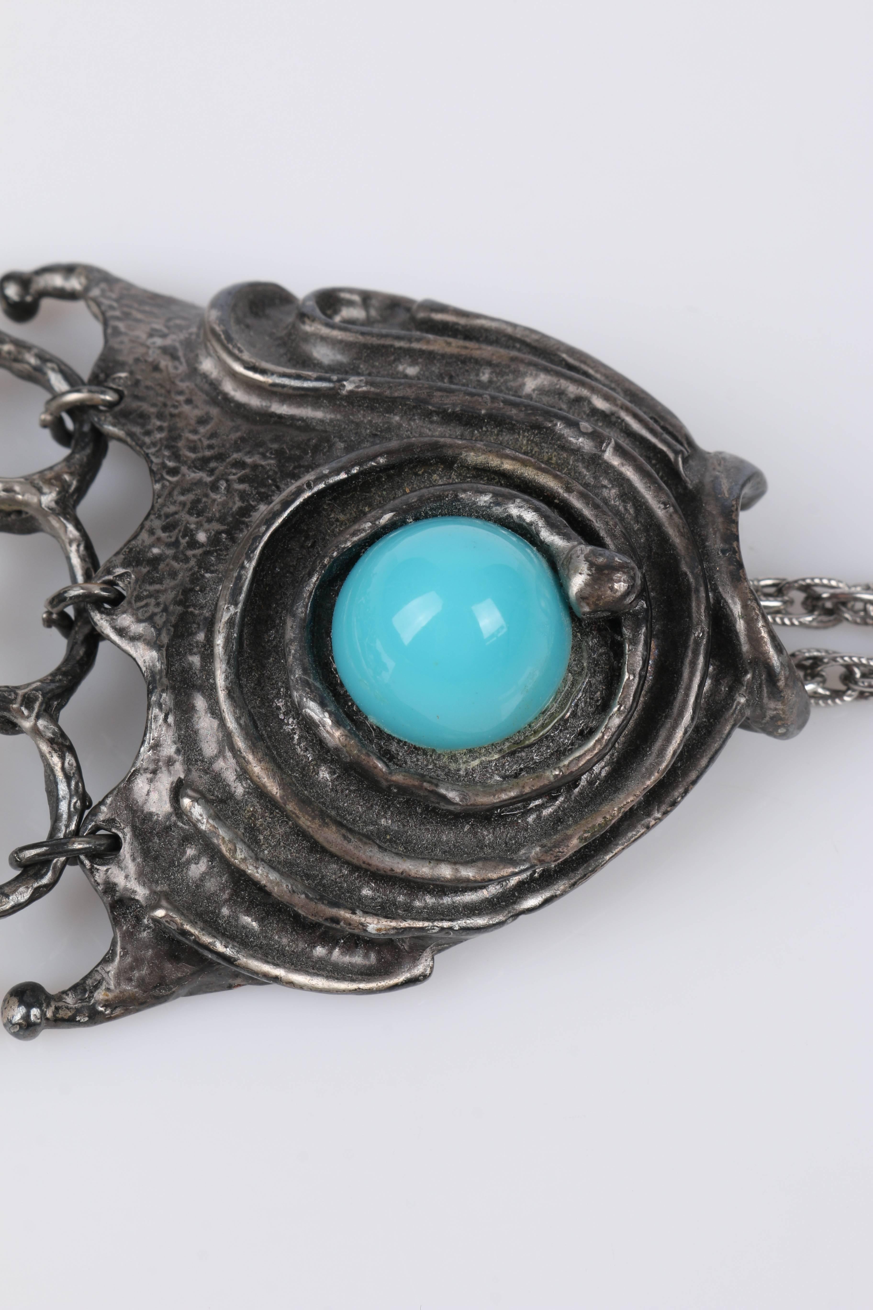 ERWIN PEARL c.1970's Large Silver Turquoise Fish Signed Pendant Chain Necklace 5