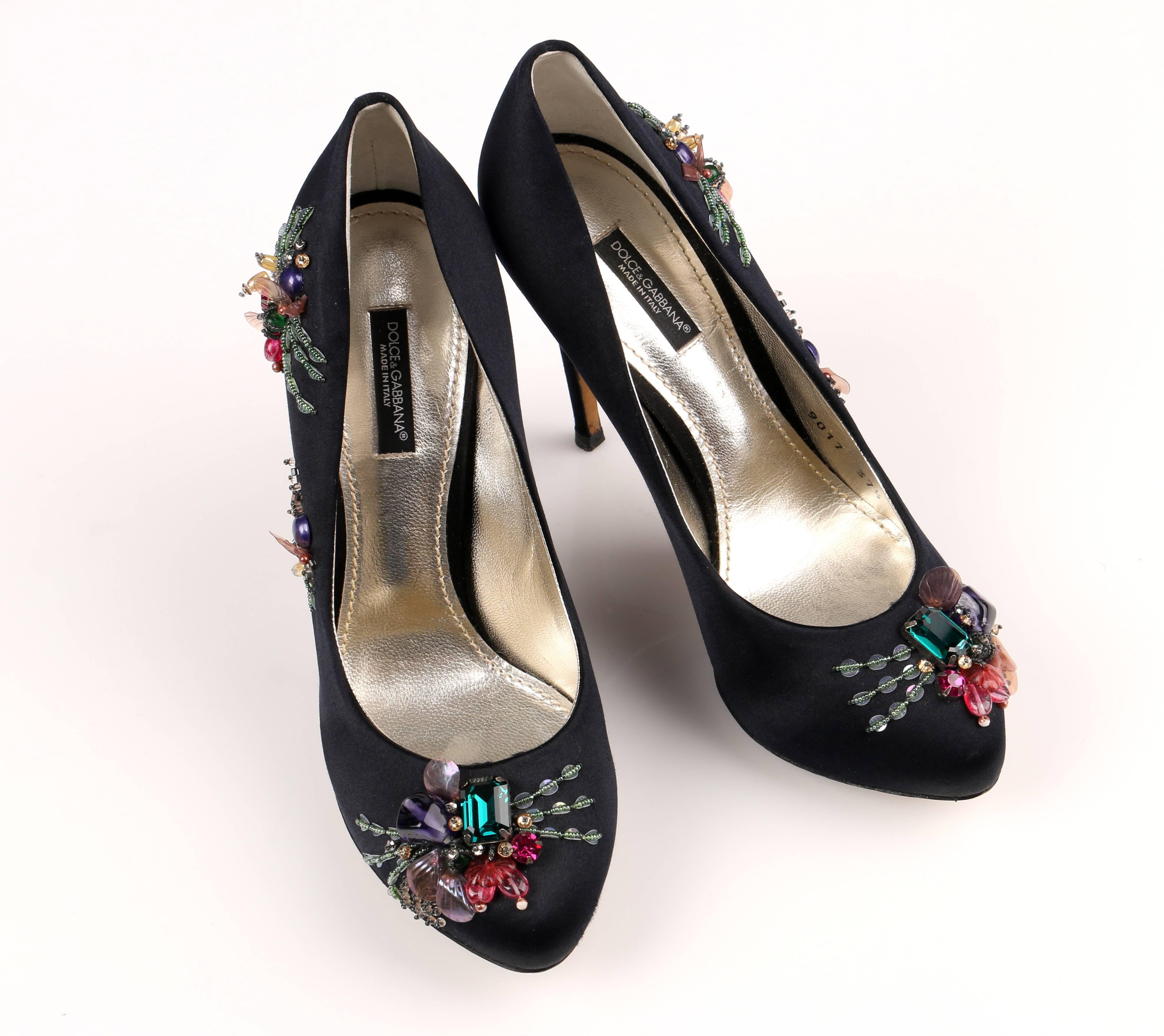 DOLCE & GABBANA Black Satin Beaded Embellished Platform Pumps Heels Shoes 37.5 2