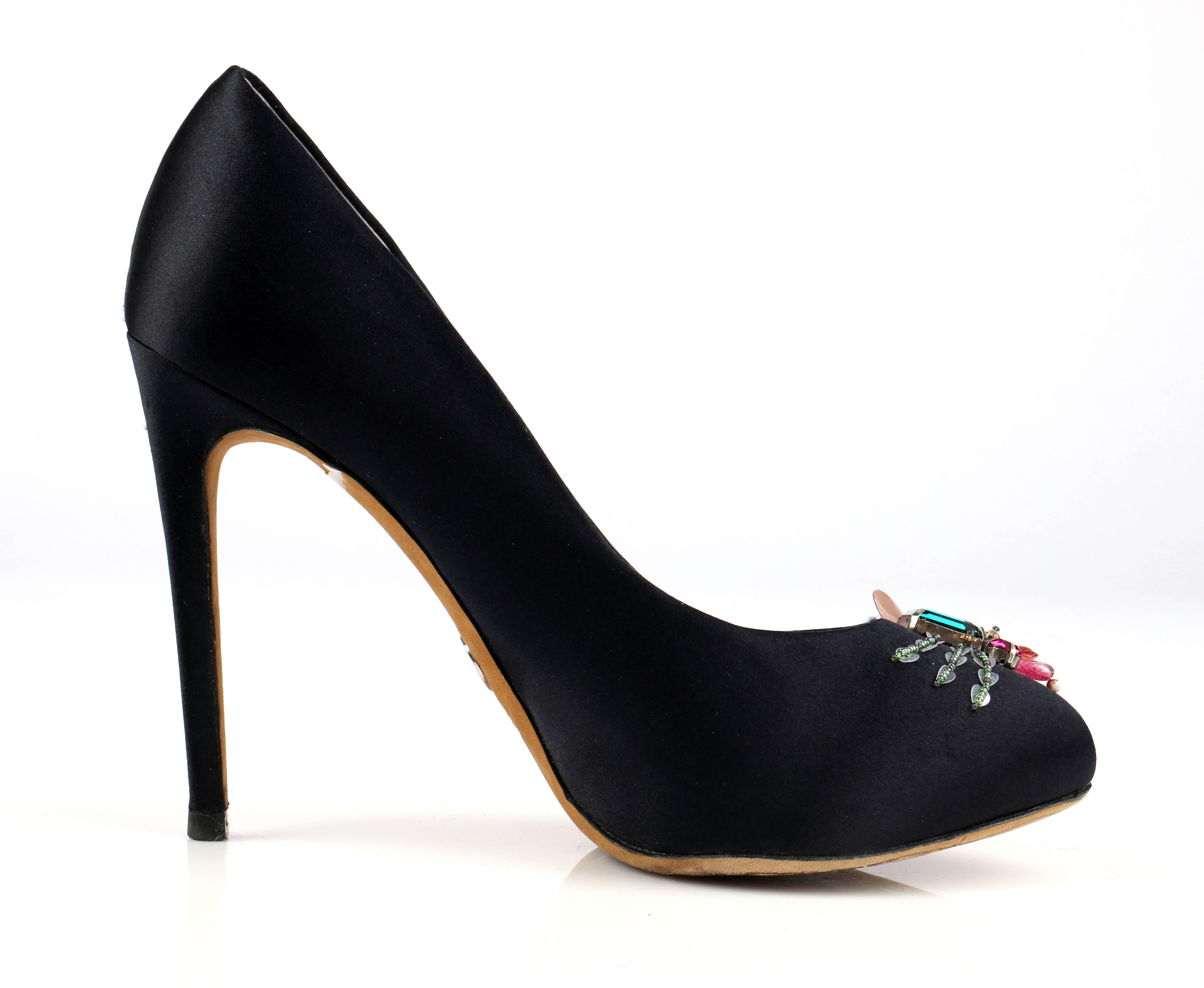 DOLCE & GABBANA Black Satin Beaded Embellished Platform Pumps Heels Shoes 37.5 1