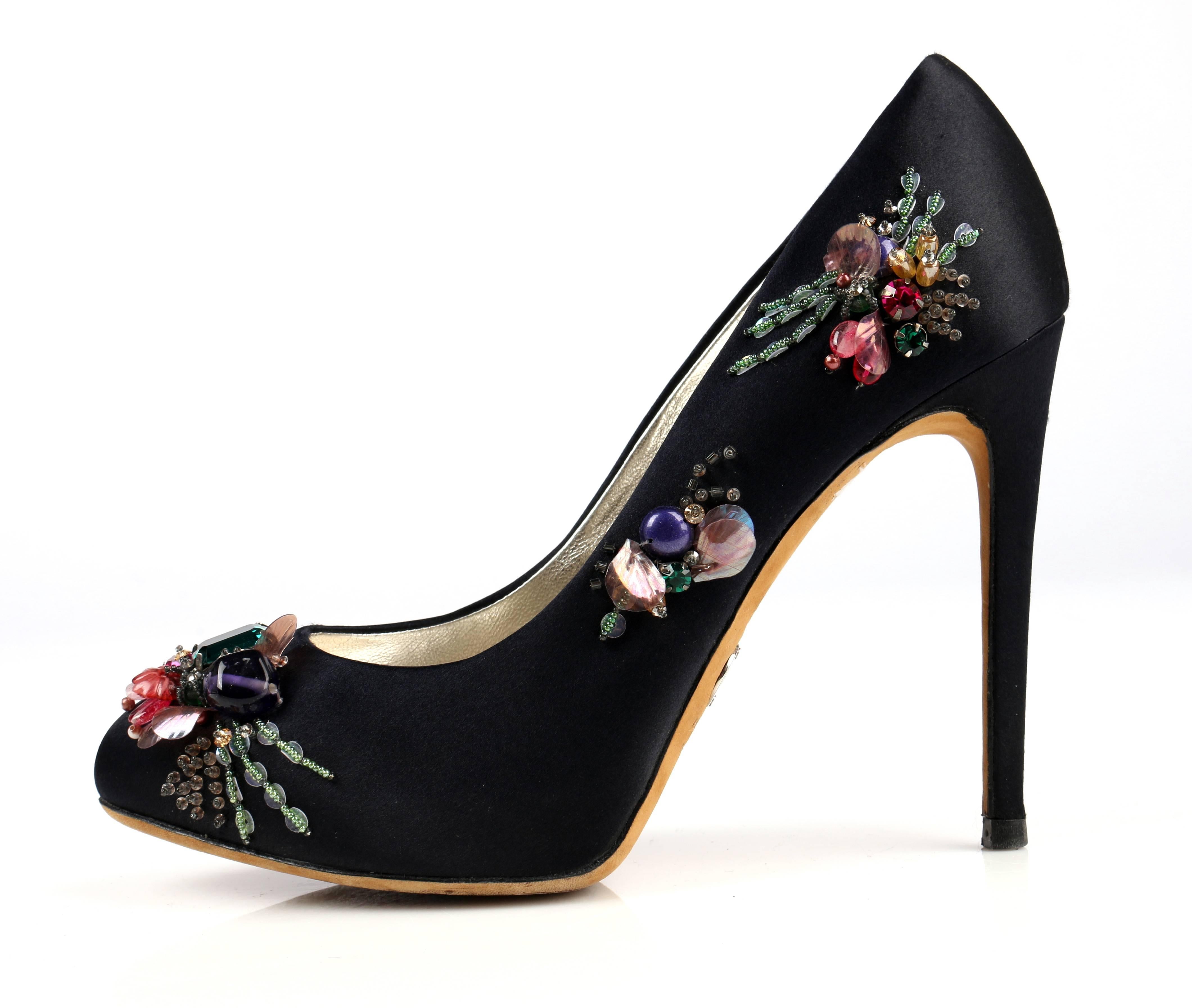 Women's DOLCE & GABBANA Black Satin Beaded Embellished Platform Pumps Heels Shoes 37.5