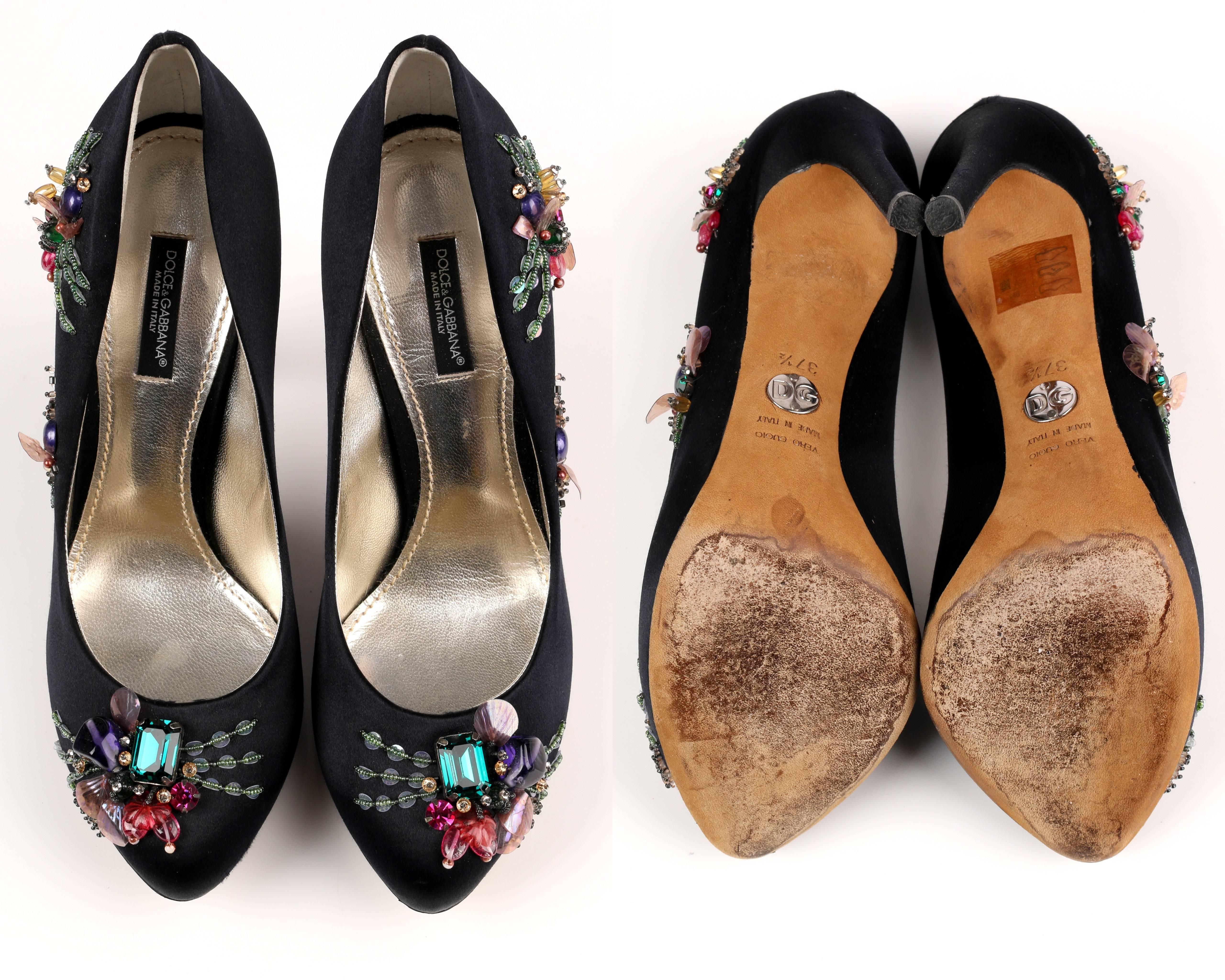 DOLCE & GABBANA Black Satin Beaded Embellished Platform Pumps Heels Shoes 37.5 3
