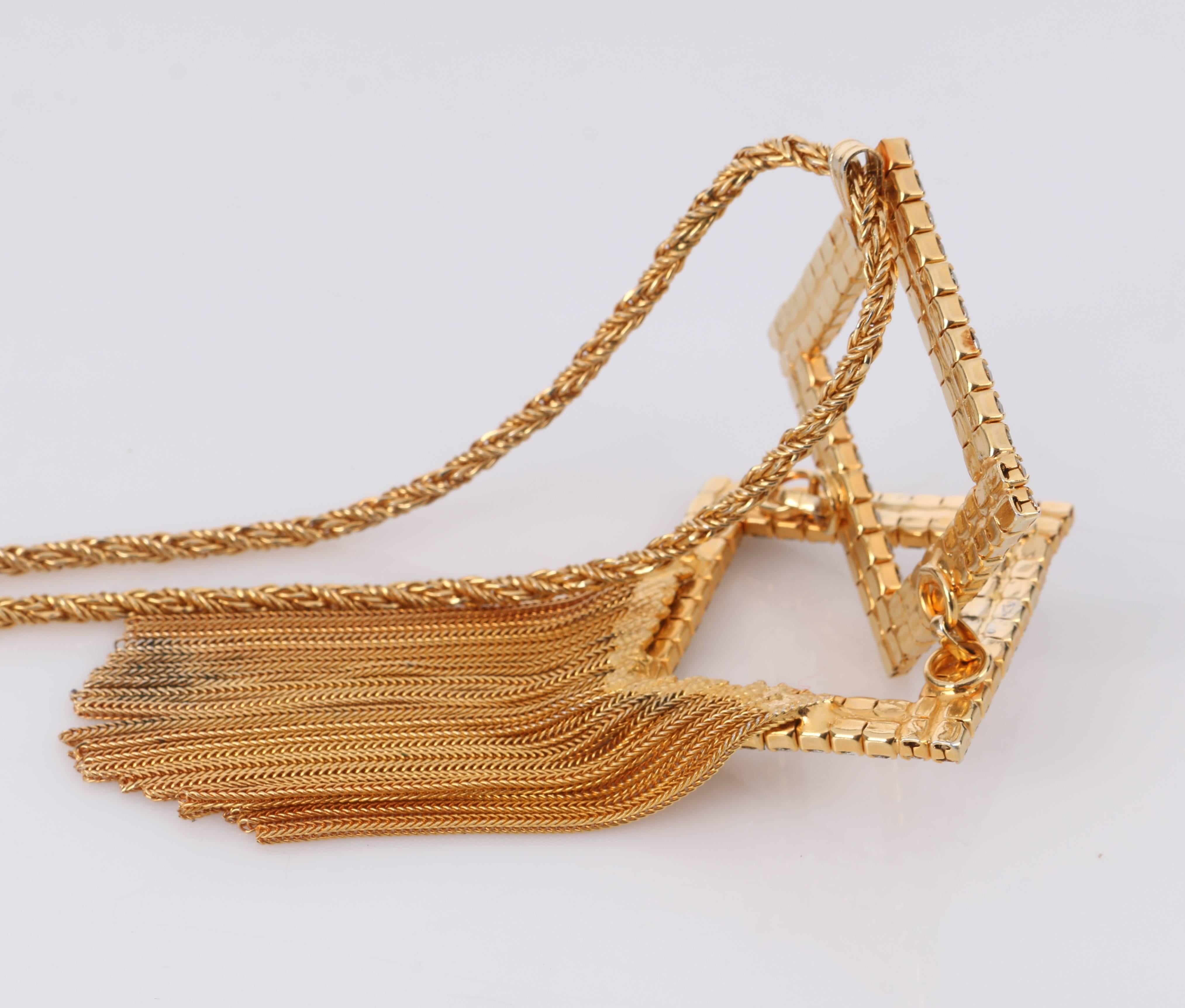 Women's HOBE c.1960's Gold Diamond Crystal Tassels Pendant Rope Chain Necklace Signed For Sale