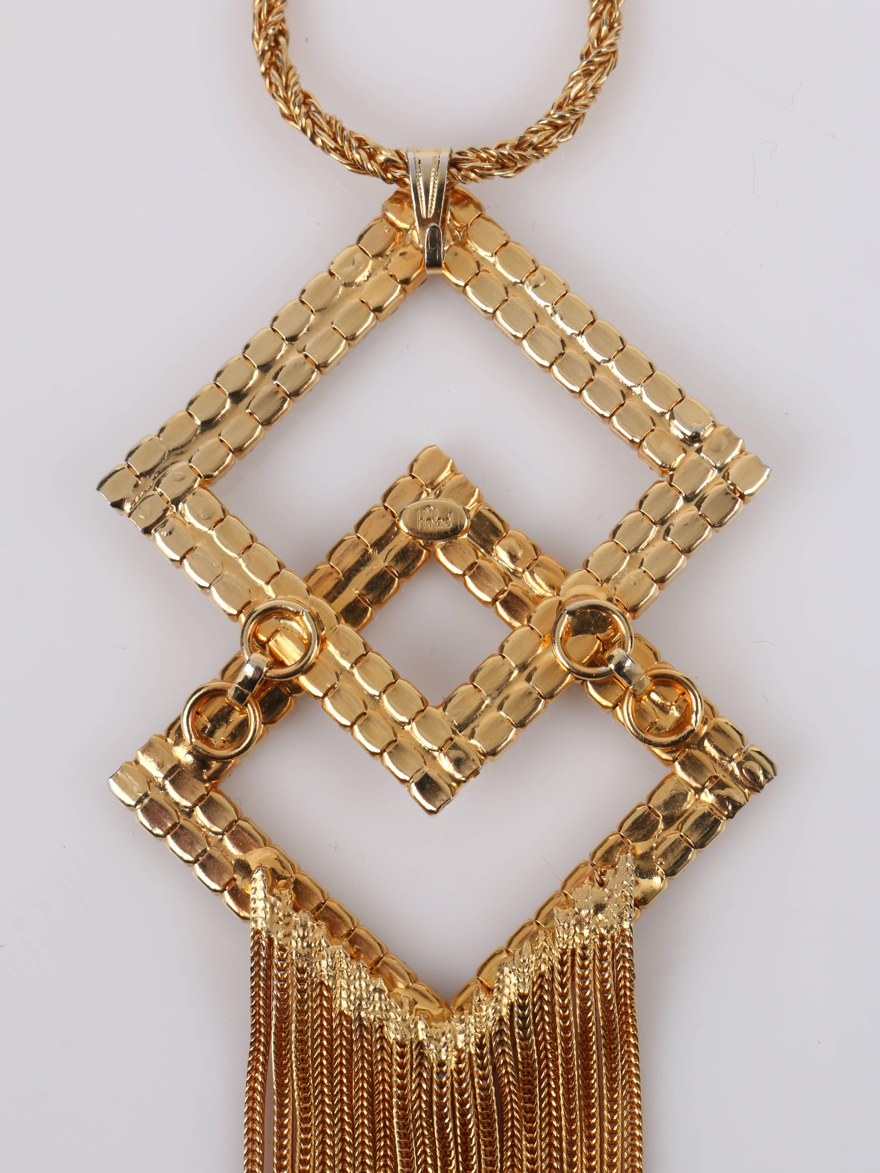 HOBE c.1960's Gold Diamond Crystal Tassels Pendant Rope Chain Necklace Signed In Good Condition For Sale In Thiensville, WI