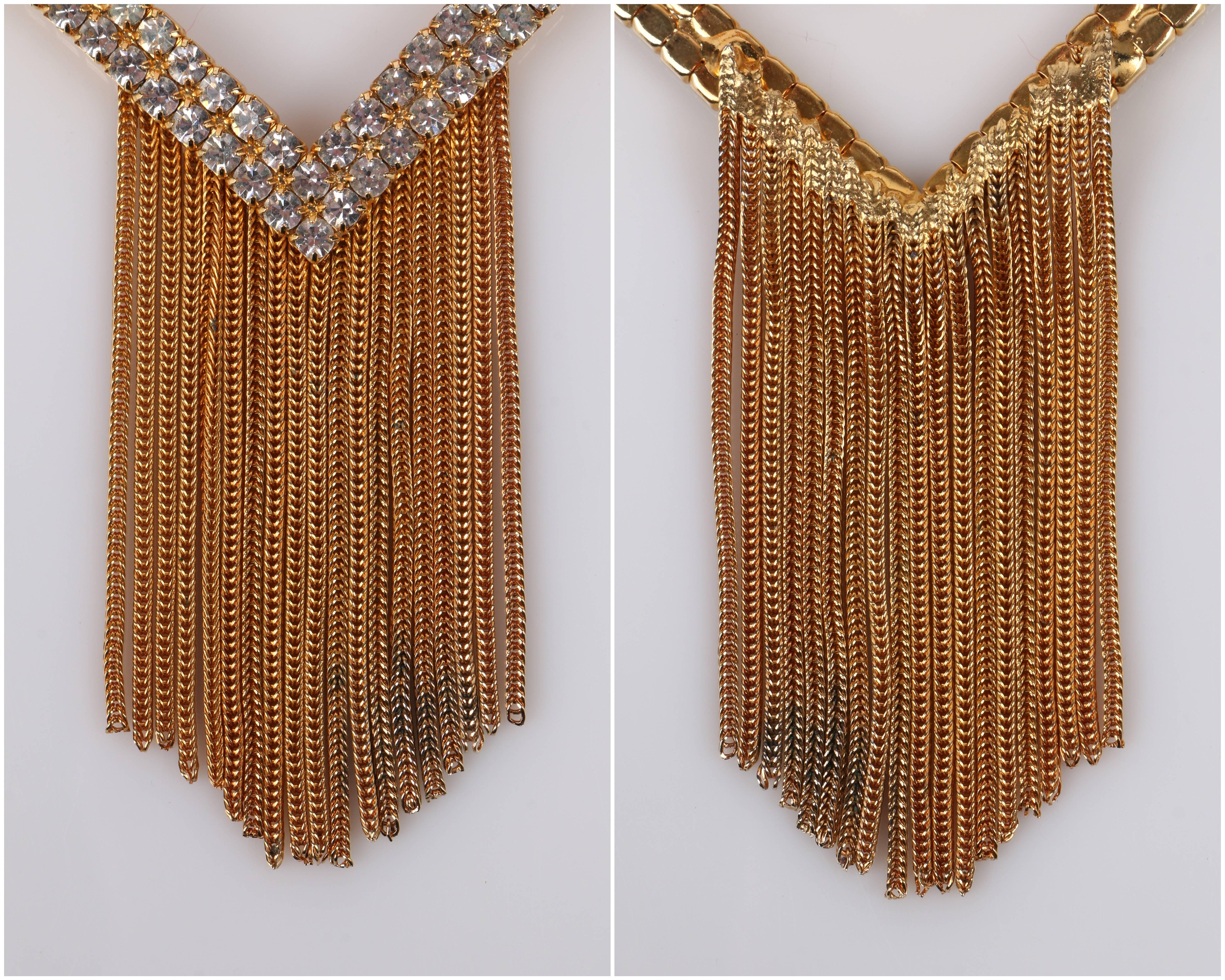 HOBE c.1960's Gold Diamond Crystal Tassels Pendant Rope Chain Necklace Signed For Sale 1
