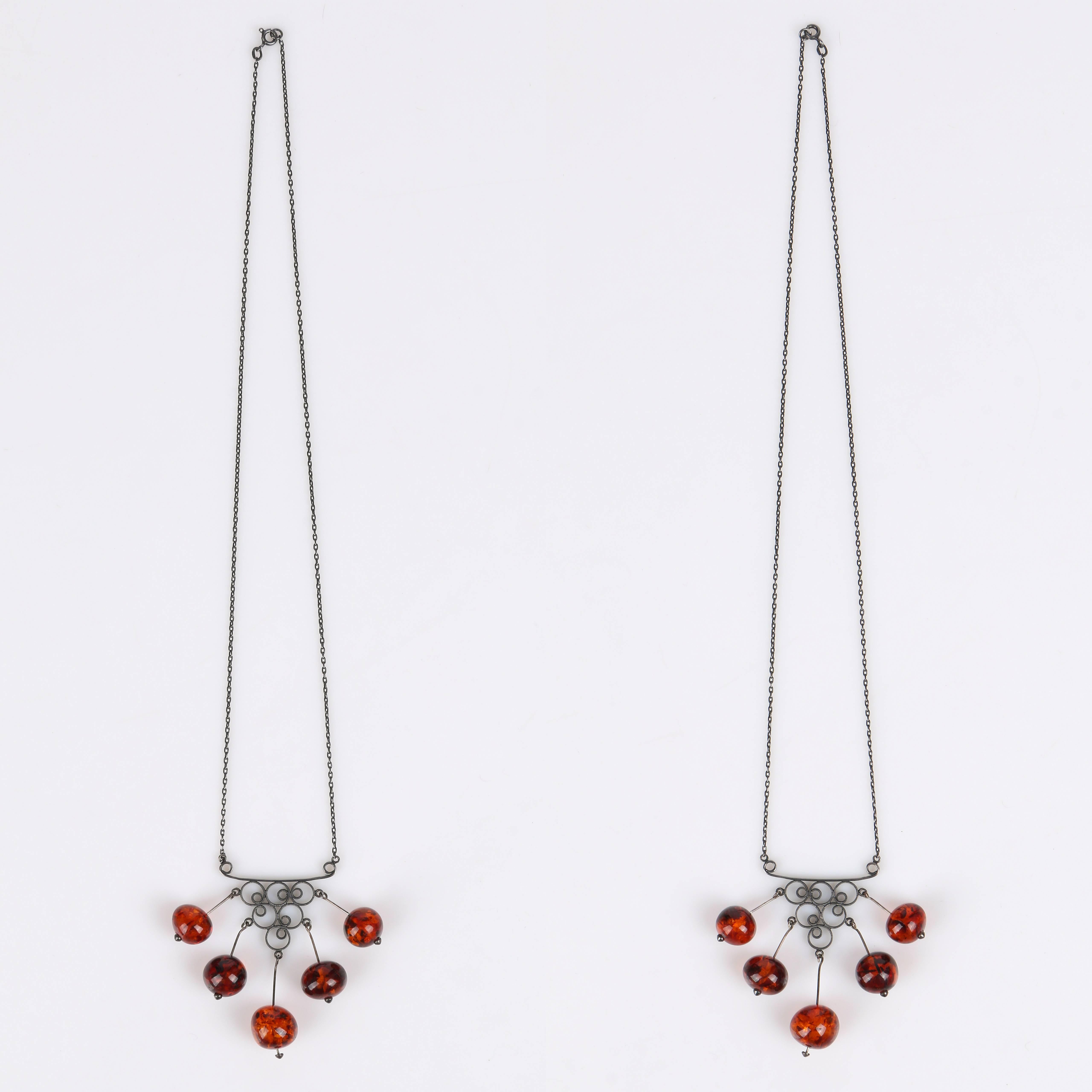 c.1970's RUSSIAN AMBER Silver 875 Demi Parure Chandelier Necklace Earrings Set 2