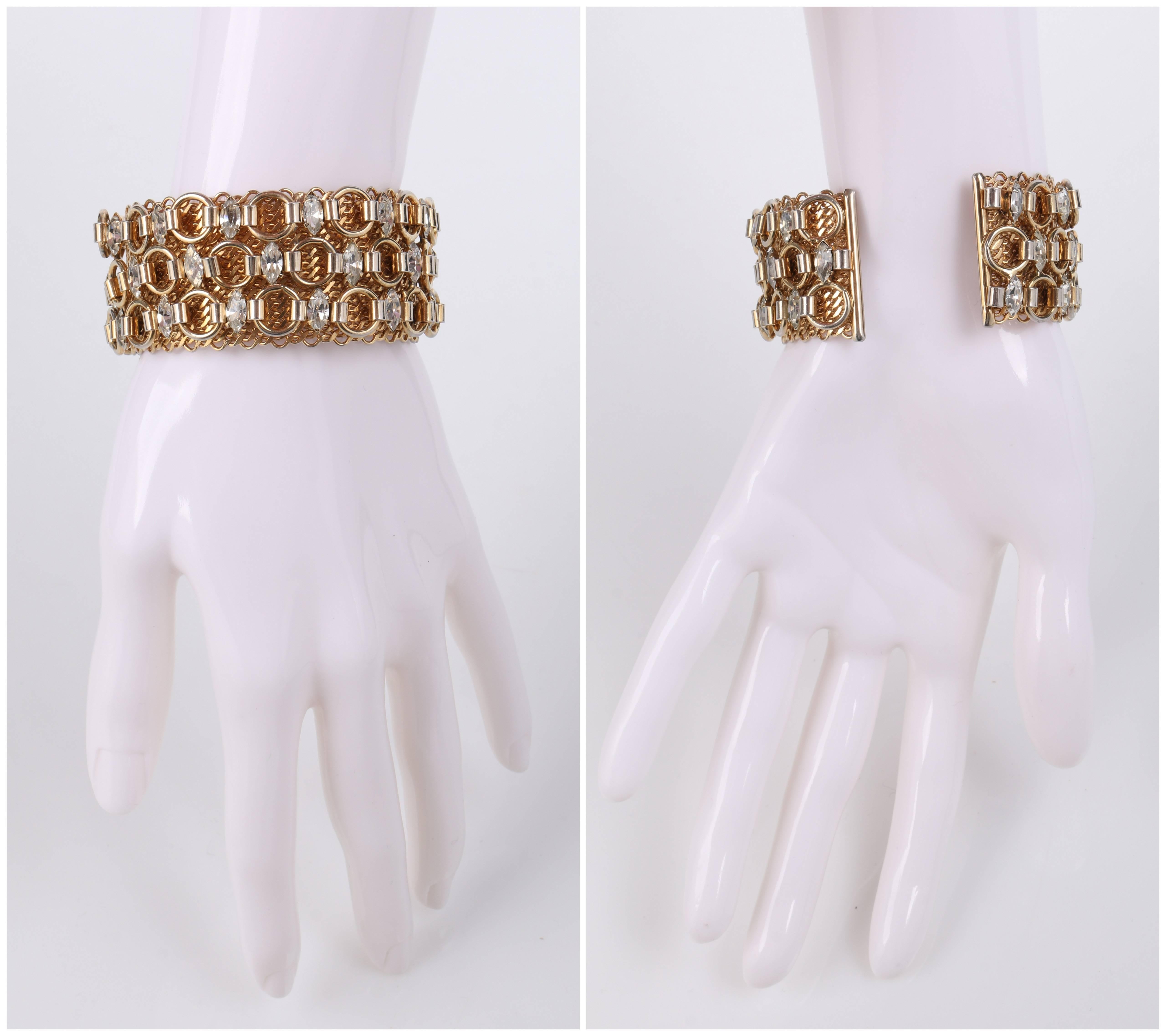 HATTIE CARNEGIE c.1960's Gold Marquise Crystal Rhinestone Wide Cuff Bracelet In Excellent Condition In Thiensville, WI