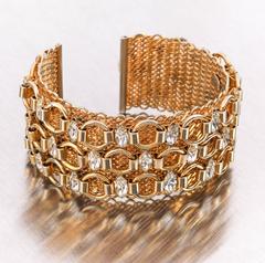 HATTIE CARNEGIE c.1960's Gold Marquise Crystal Rhinestone Wide Cuff Bracelet