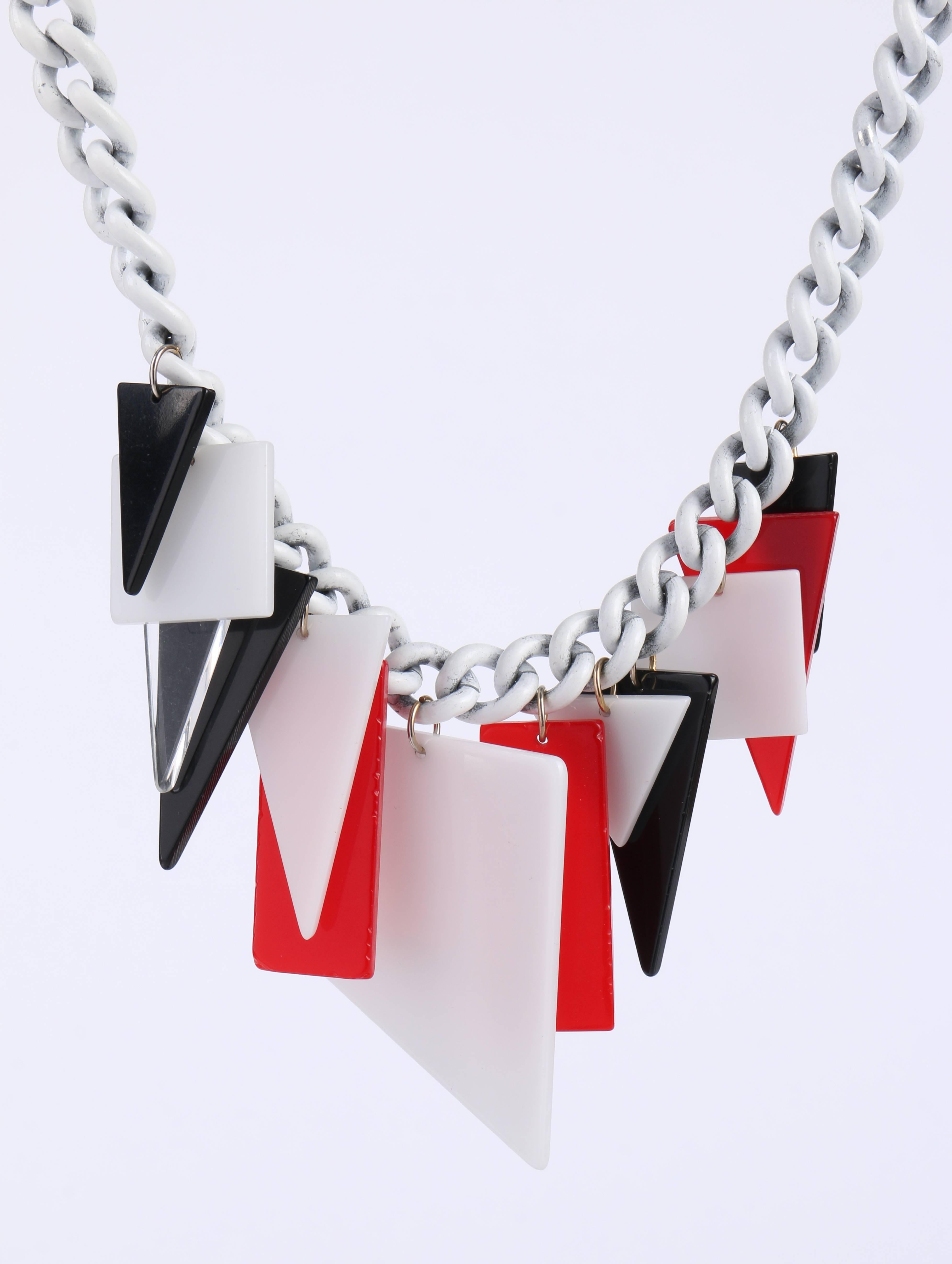 MOD c.1960s Red White Black Large Lucite Acrylic Geometric Enamel Chain Necklace 2