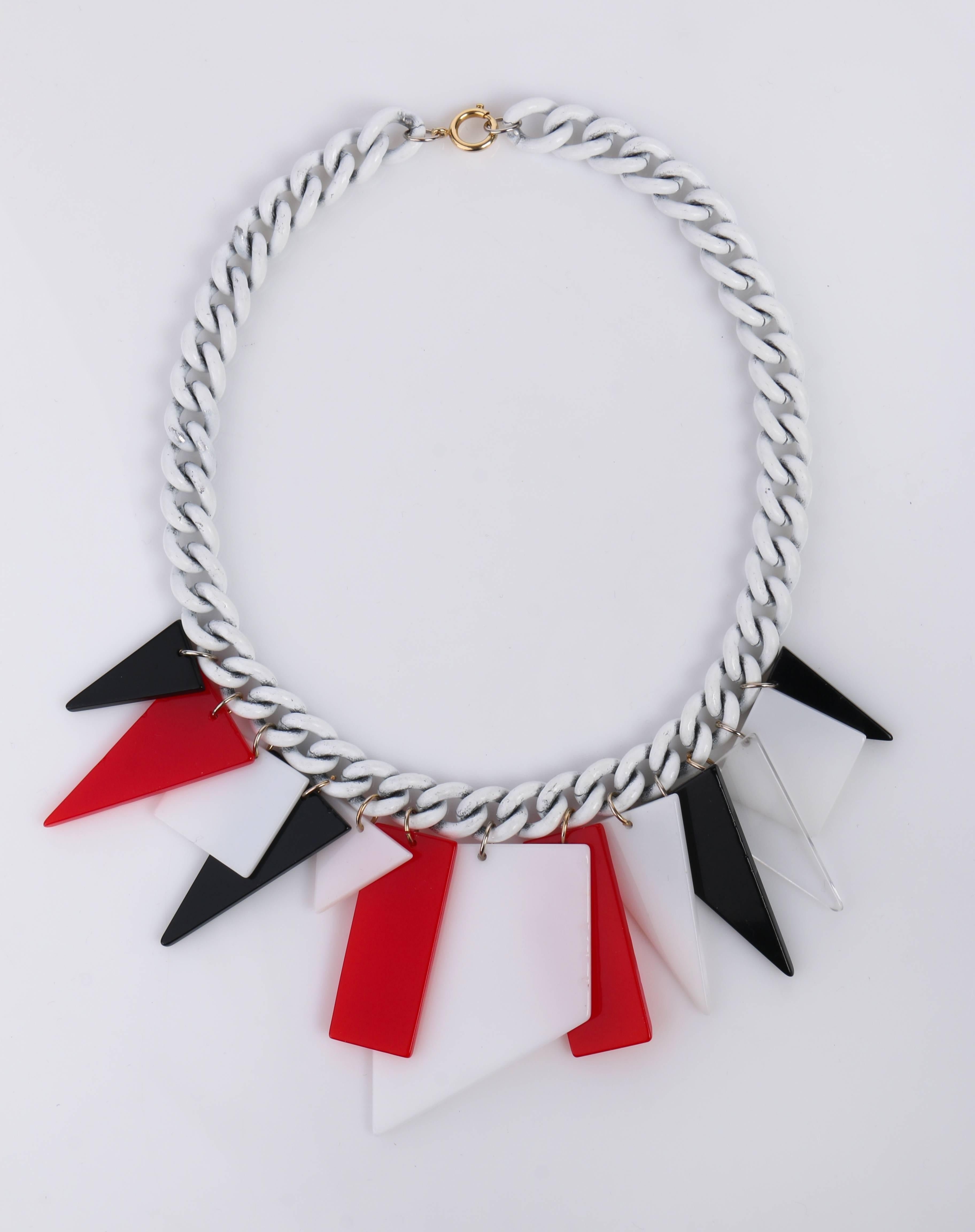 MOD c.1960s Red White Black Large Lucite Acrylic Geometric Enamel Chain Necklace 1