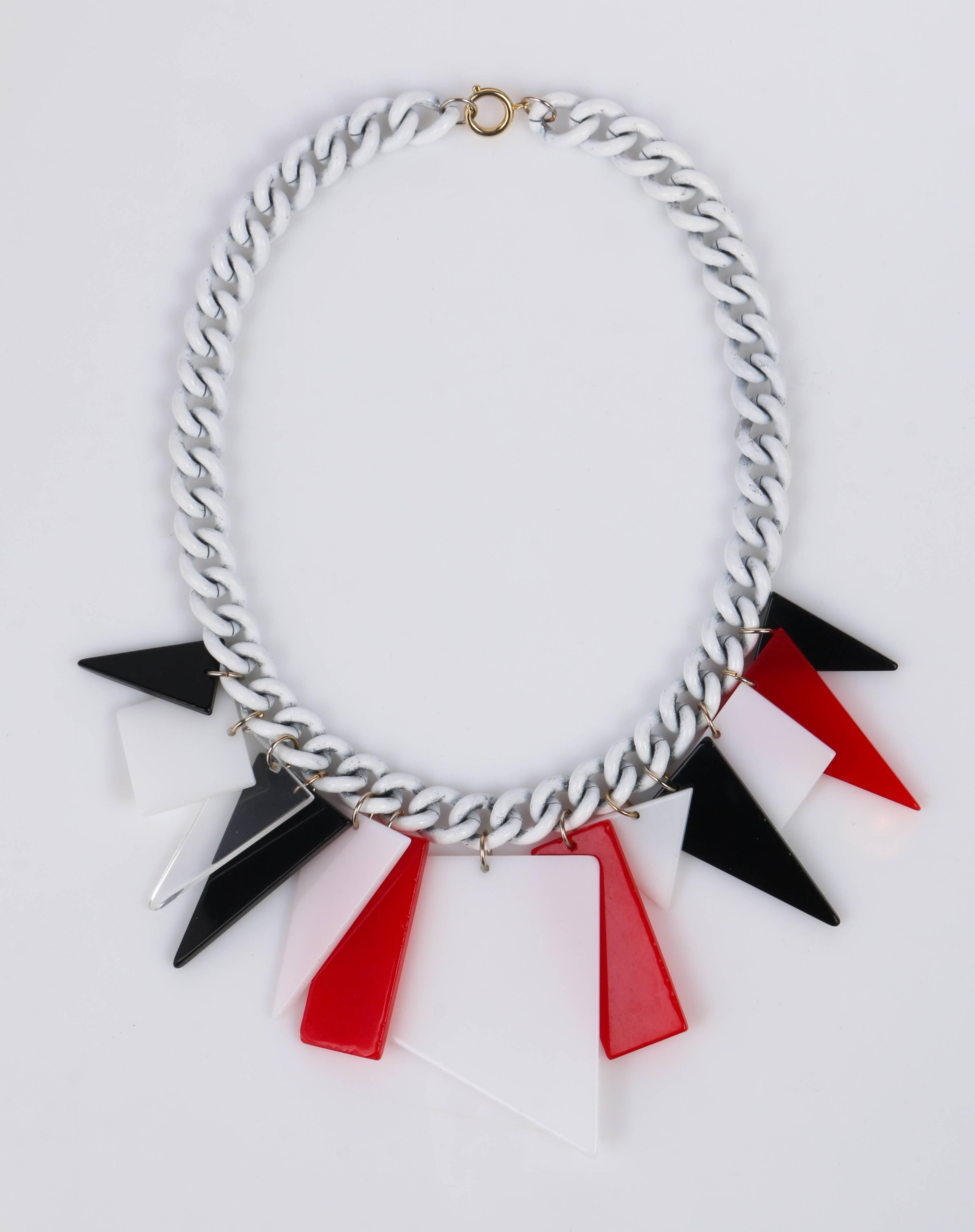 Women's MOD c.1960s Red White Black Large Lucite Acrylic Geometric Enamel Chain Necklace