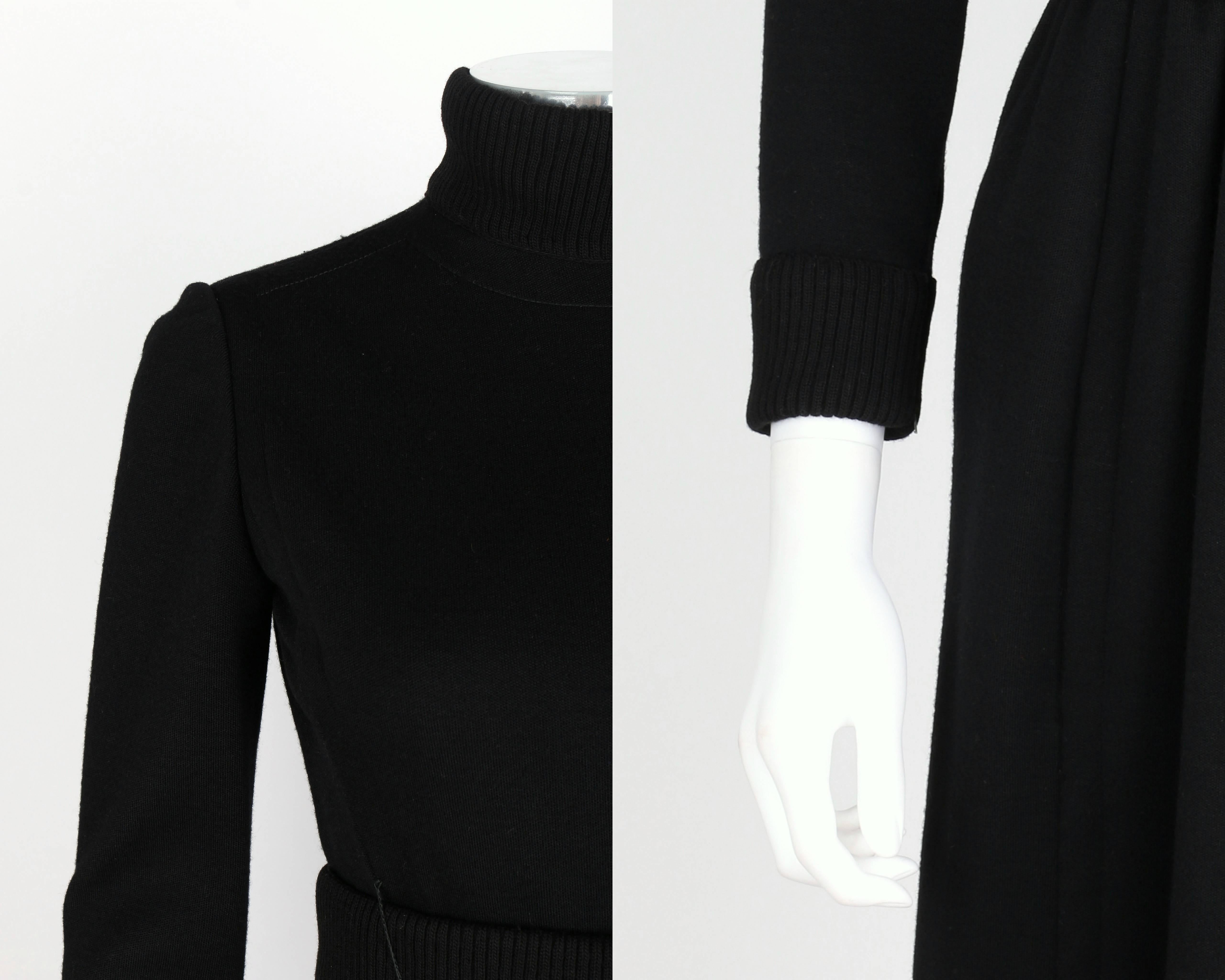 DONALD BROOKS c.1960's Black Mod Ribbed Mock Neck Button Up Belted Coat Dress 2