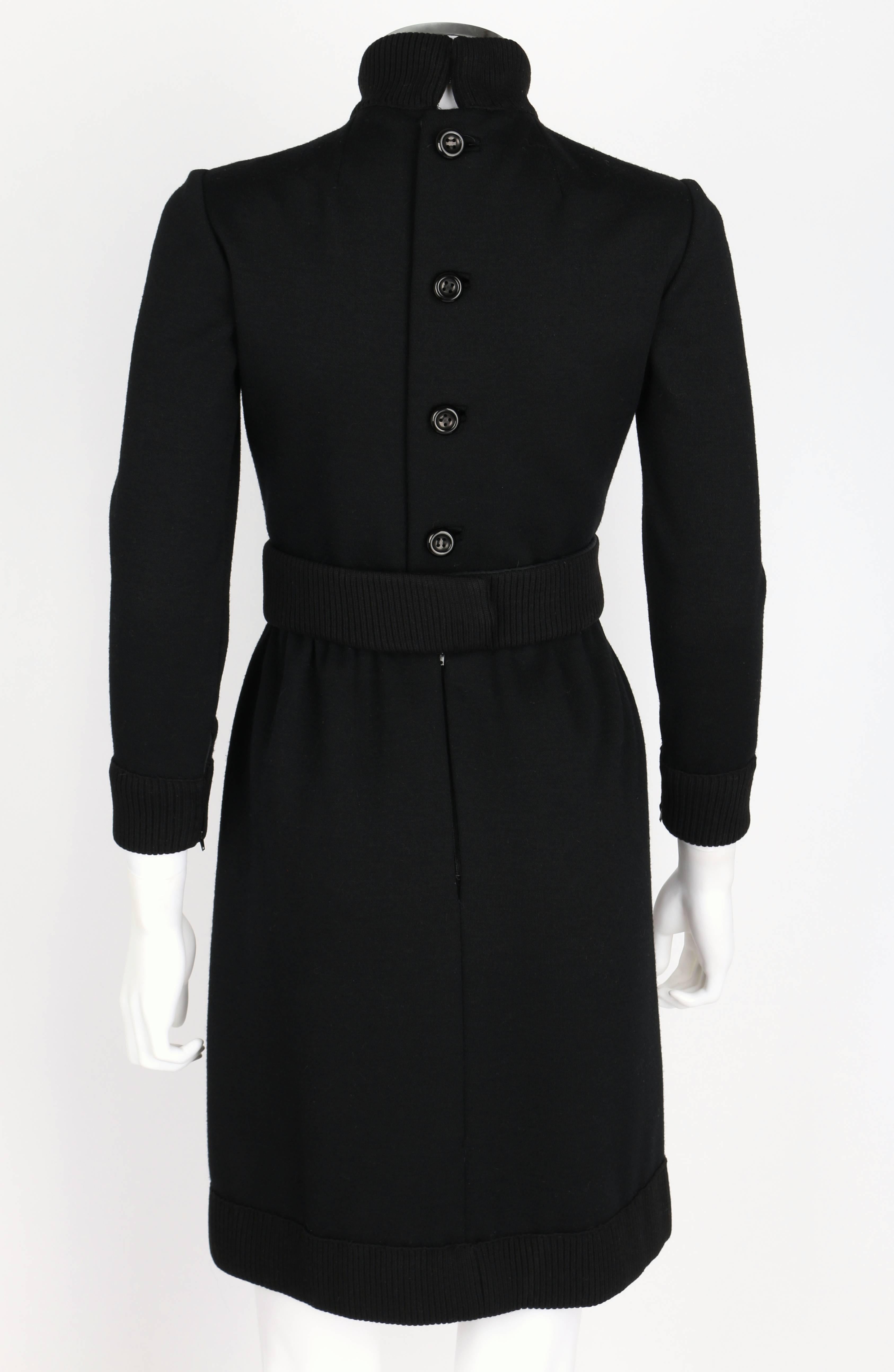 Women's DONALD BROOKS c.1960's Black Mod Ribbed Mock Neck Button Up Belted Coat Dress