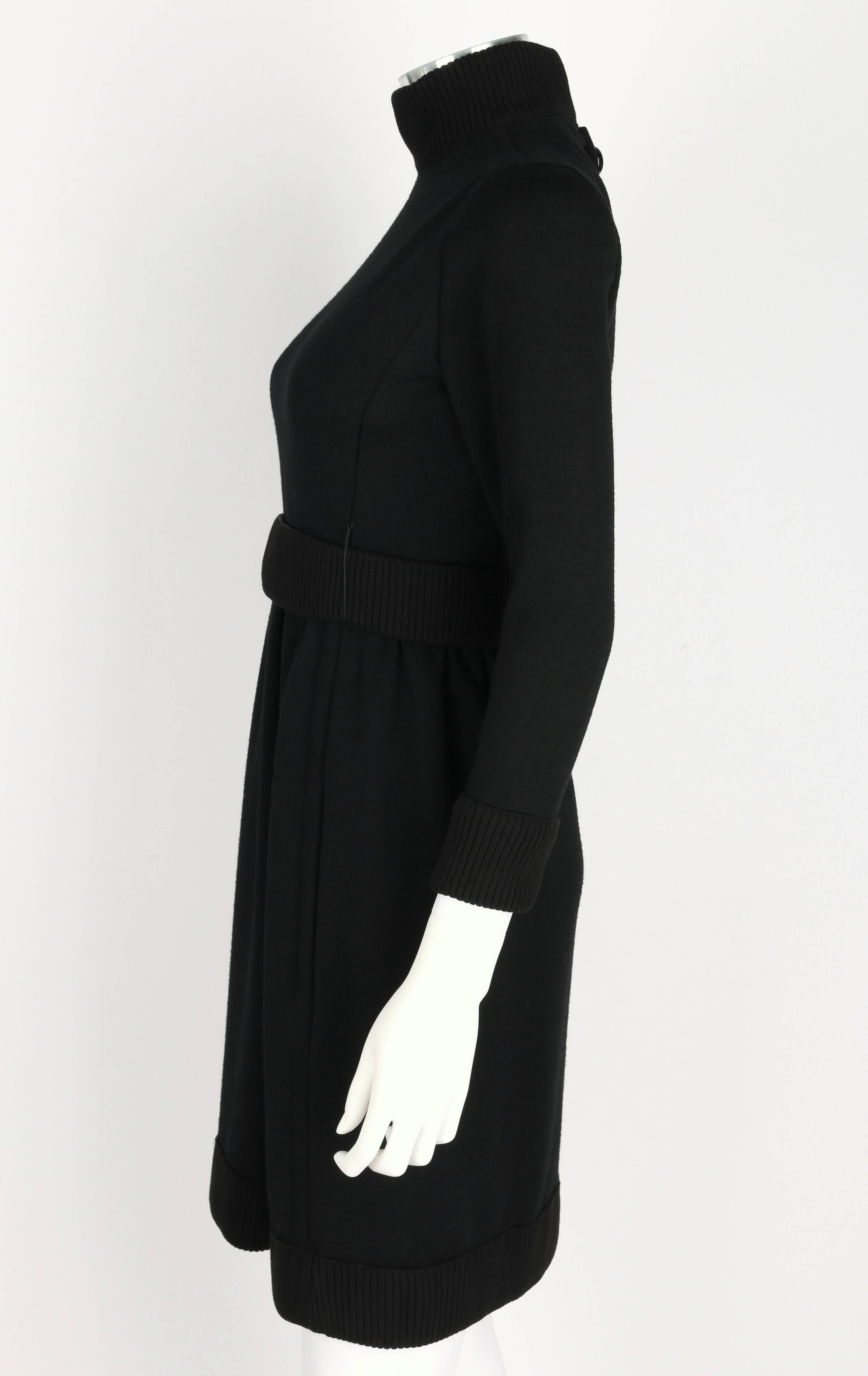 DONALD BROOKS c.1960's Black Mod Ribbed Mock Neck Button Up Belted Coat Dress 1