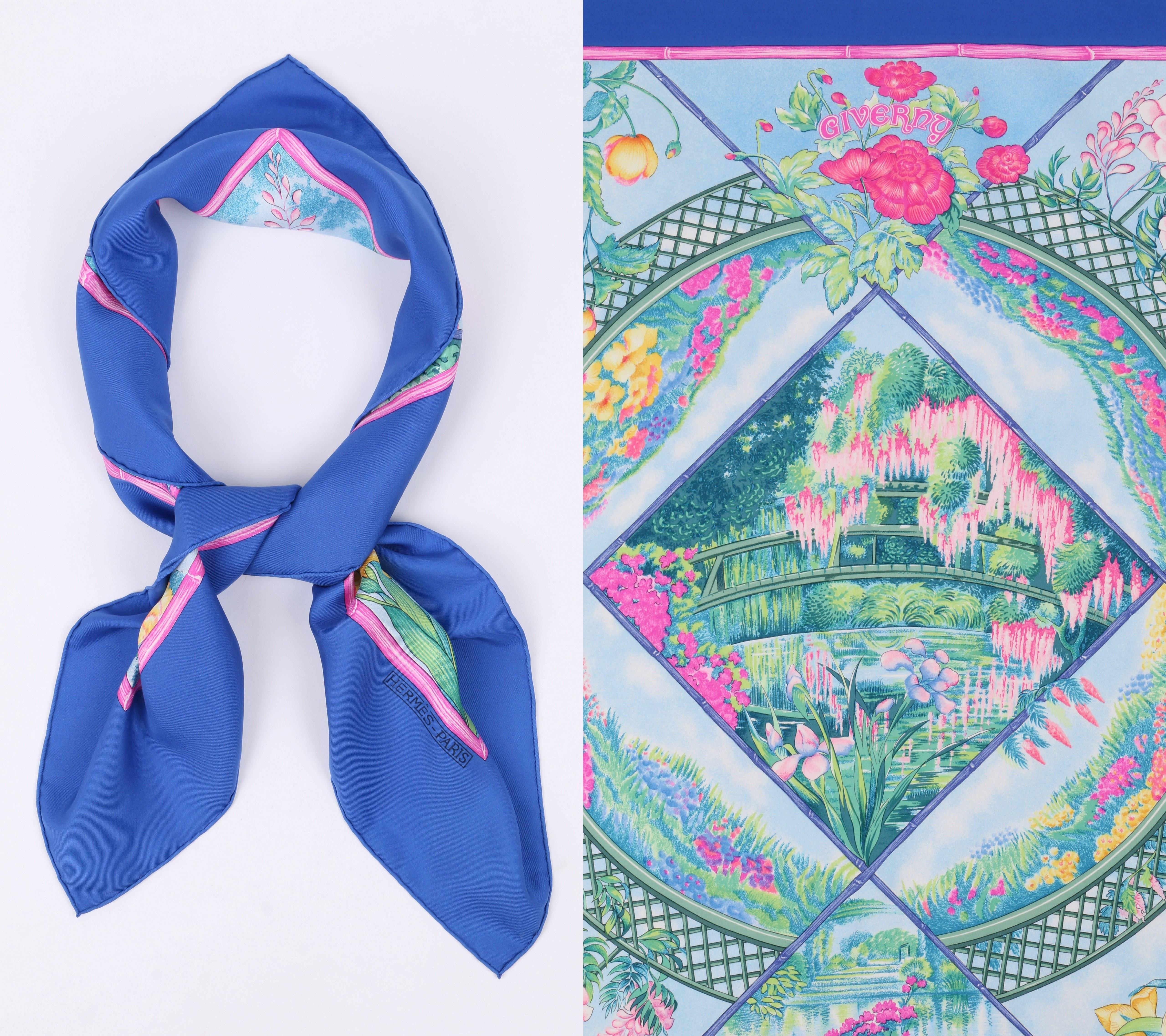 Vintage Hermes c.1989 "Giverny" designed by Lawrence Bourthoumieux silk scarf. Solid royal blue border with center floral and bridge multicolored watercolor design. "Giverny" printed upper center. "Hermes-Paris" printed