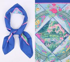 HERMES c.1989 Lawrence Bourthoumieux "Giverny" Blue Floral Print 100% Silk Scarf