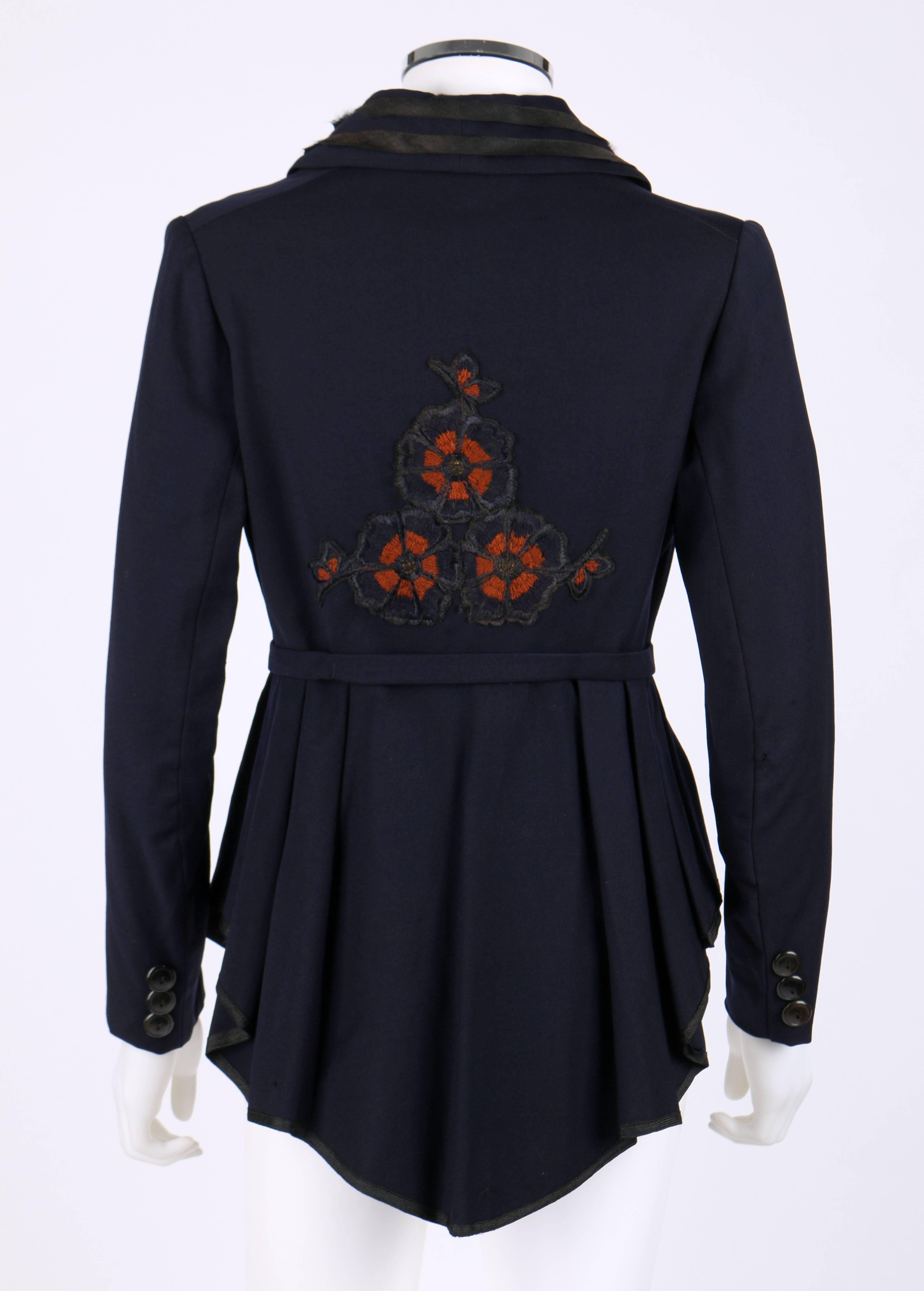 Black EDWARDIAN c.1910's WWI Navy Blue Wool Floral Embroidered Pleated Peplum Jacket