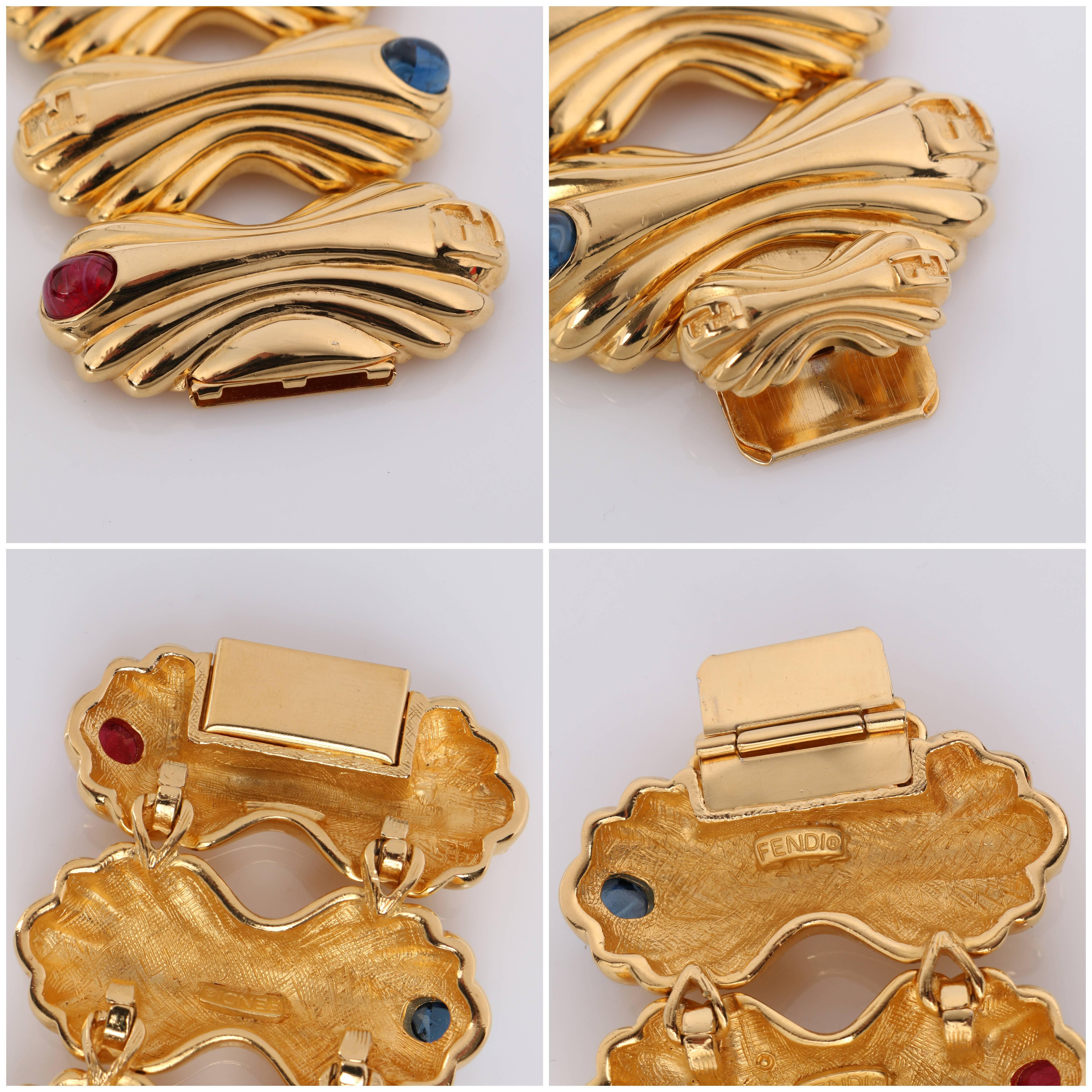 FENDI c.1980's Gold Statement Glass Cabochon Demi Parue Earring Bracelet Set 1