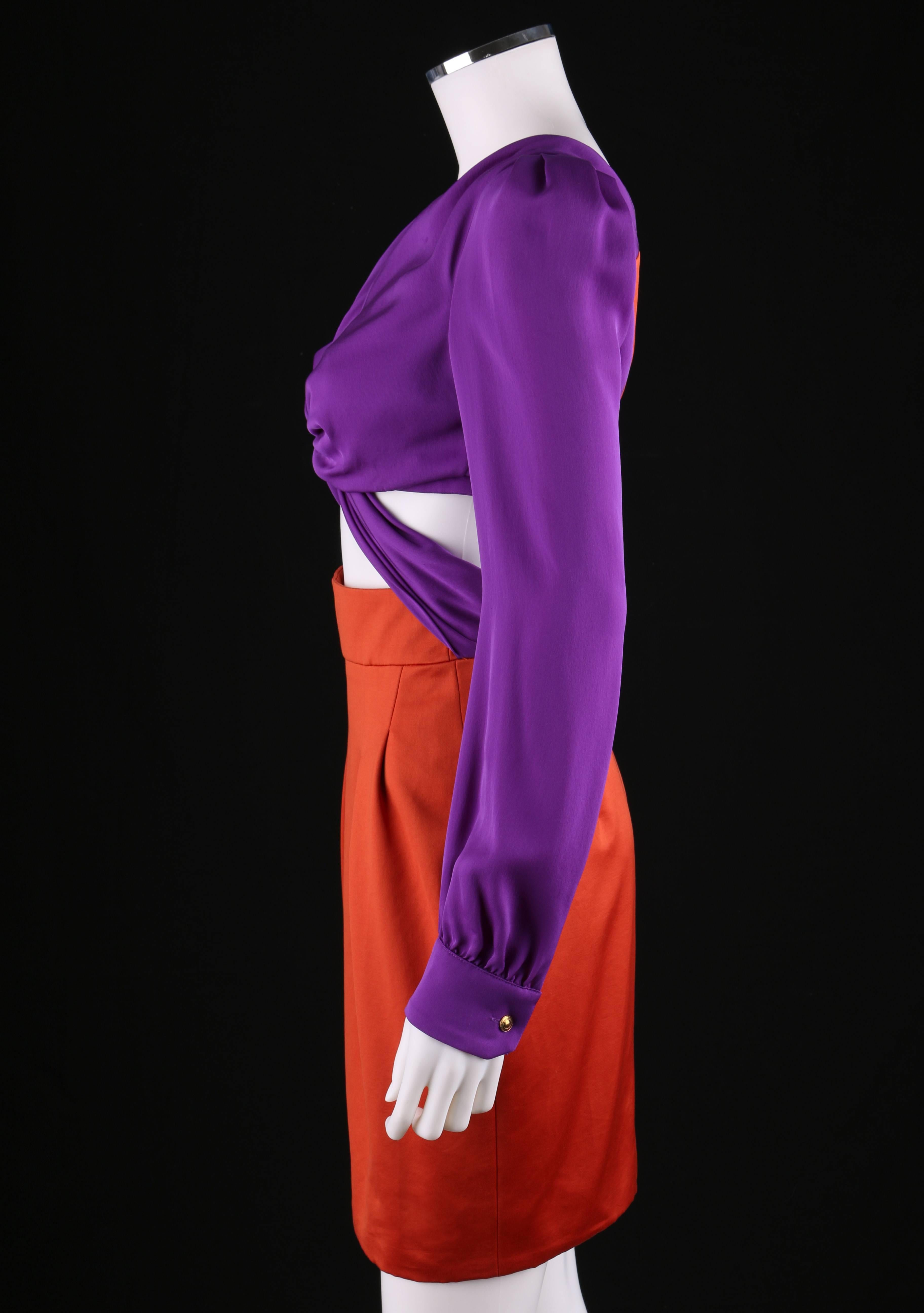 Red GUCCI S/S 2011 Purple Orange Color Block Knotted Midriff Cutout Cocktail Dress