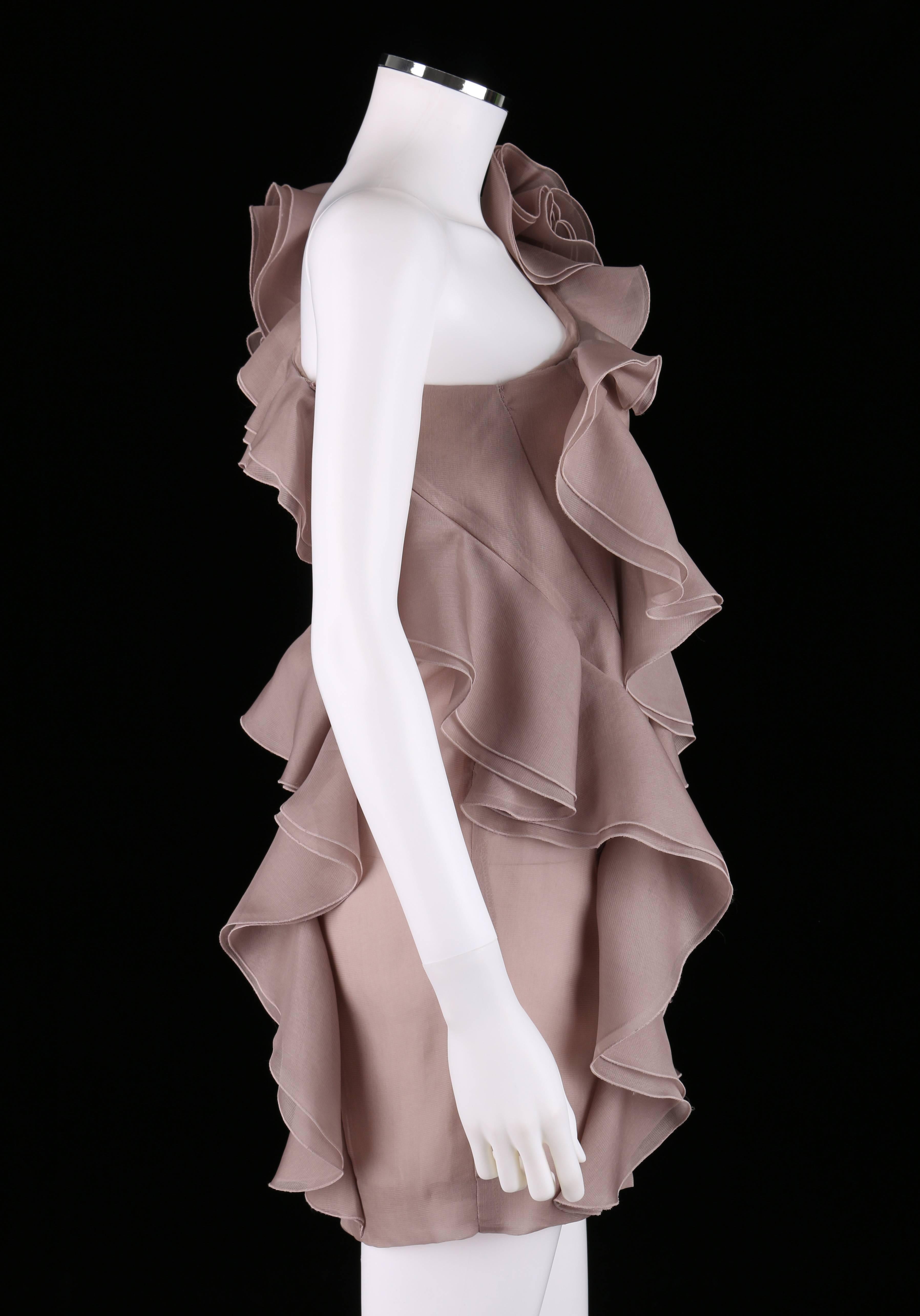 Valentino Spring 2010 pale mauve asymmetrical ruffle embellished one shoulder mini dress. Boned bodice with asymmetrical side/front zipper closure. Lined in silk organdy. Marked Fabric Content: 