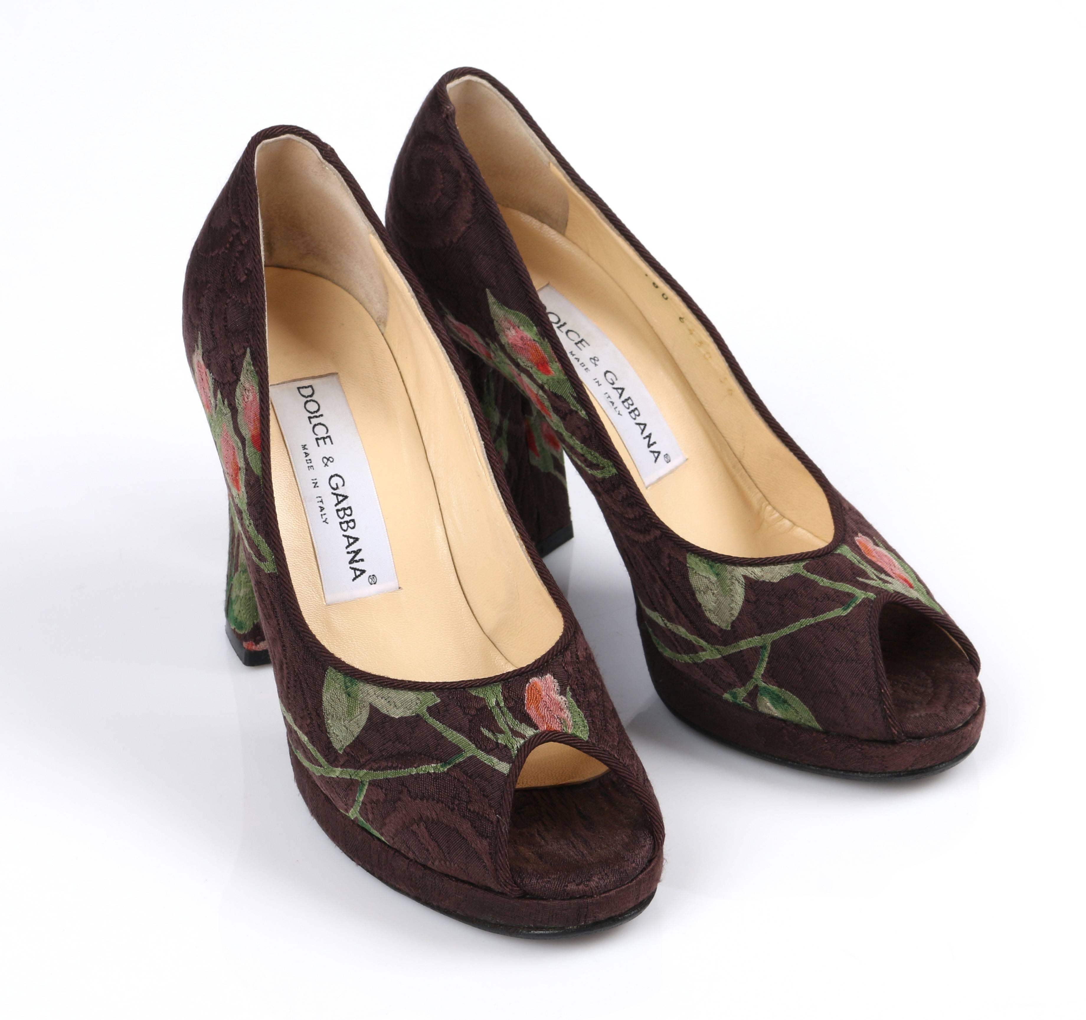 DOLCE & GABBANA Brown Floral Brocade Peep Toe Platform Pumps Heels Size 36 In Good Condition In Thiensville, WI