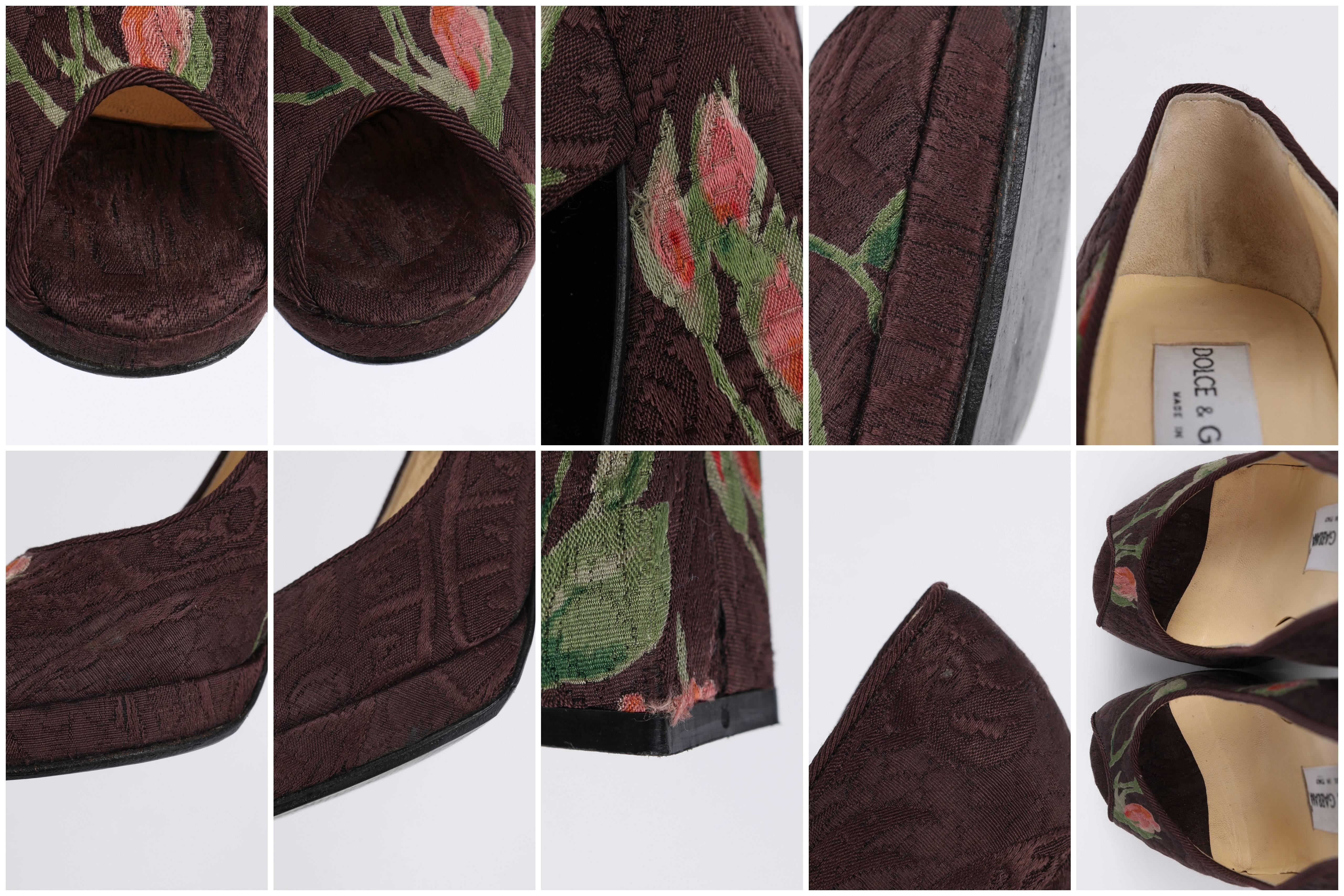 DOLCE & GABBANA Brown Floral Brocade Peep Toe Platform Pumps Heels Size 36 4