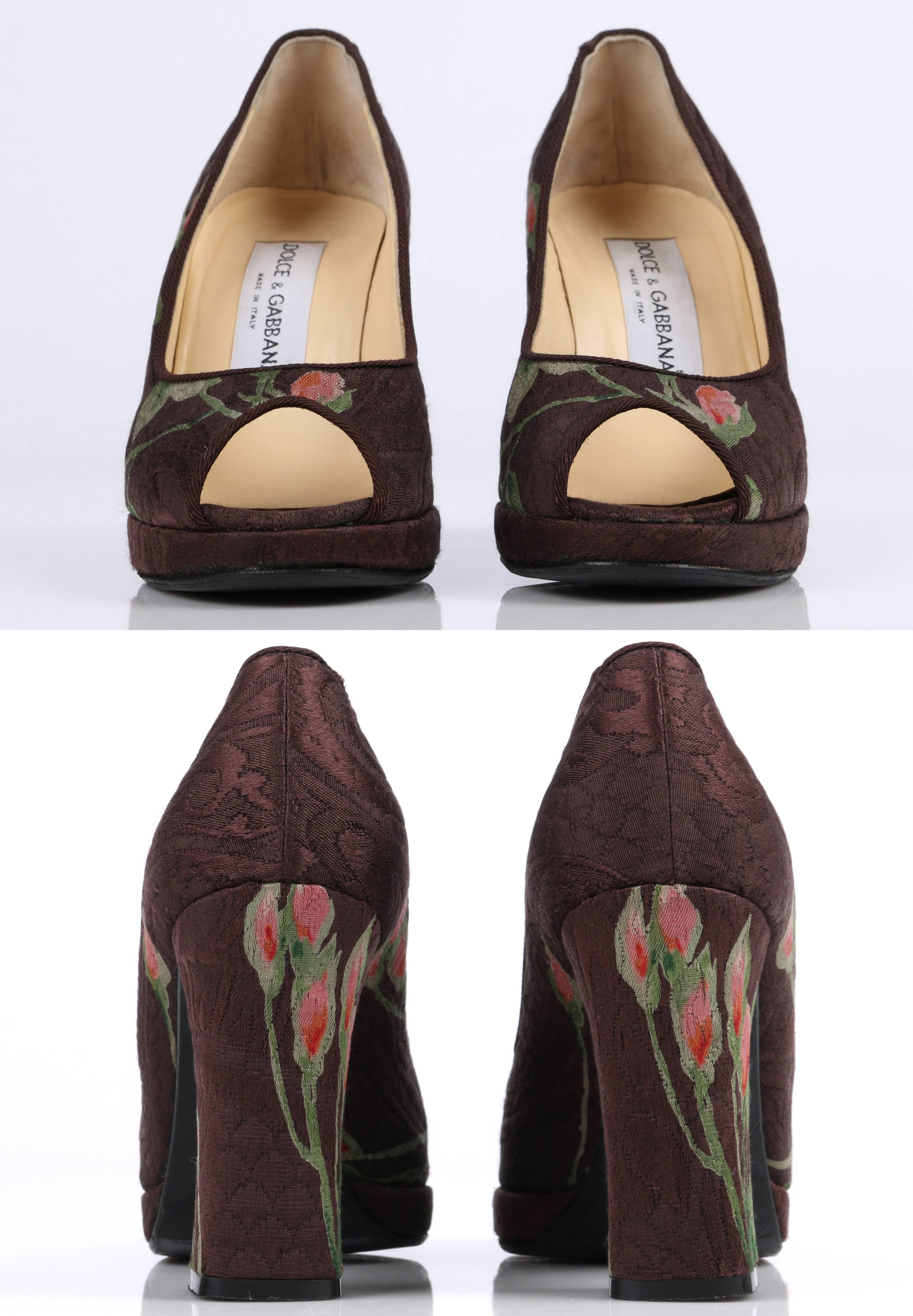 Women's DOLCE & GABBANA Brown Floral Brocade Peep Toe Platform Pumps Heels Size 36