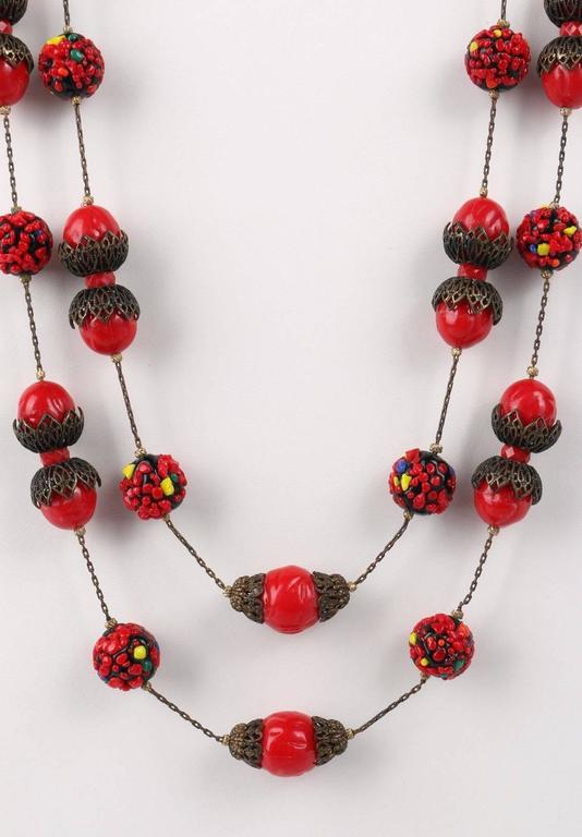 ALICE CAVINESS c.1940's Bronze Red Confetti Bead Double Chain Necklace