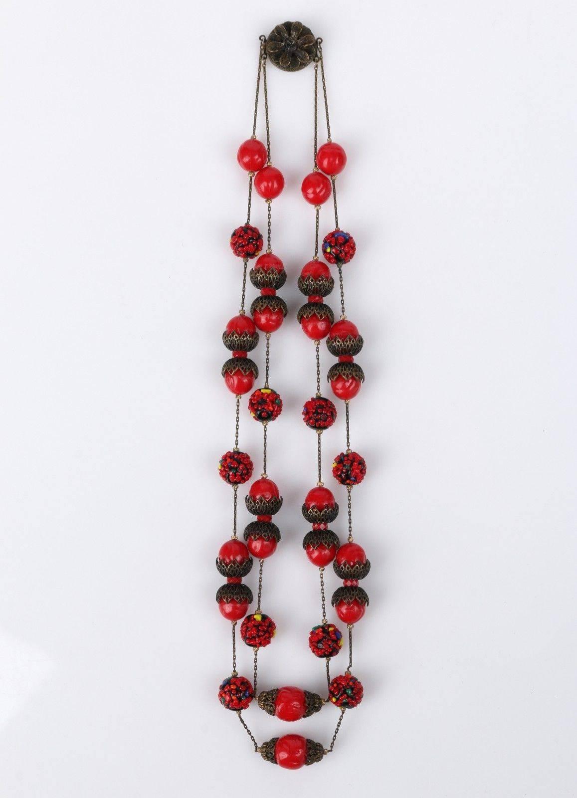 Women's ALICE CAVINESS c.1940's Bronze Red Confetti Bead Double Chain Necklace