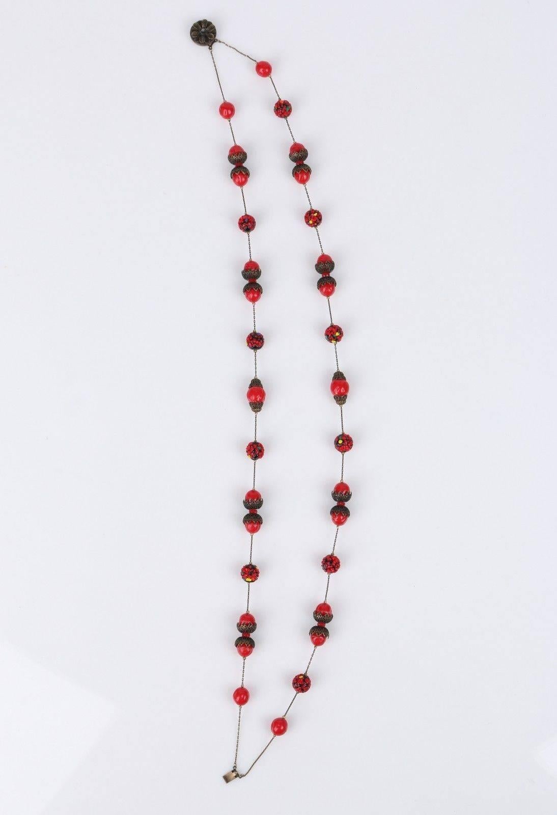 ALICE CAVINESS c.1940's Bronze Red Confetti Bead Double Chain Necklace 1