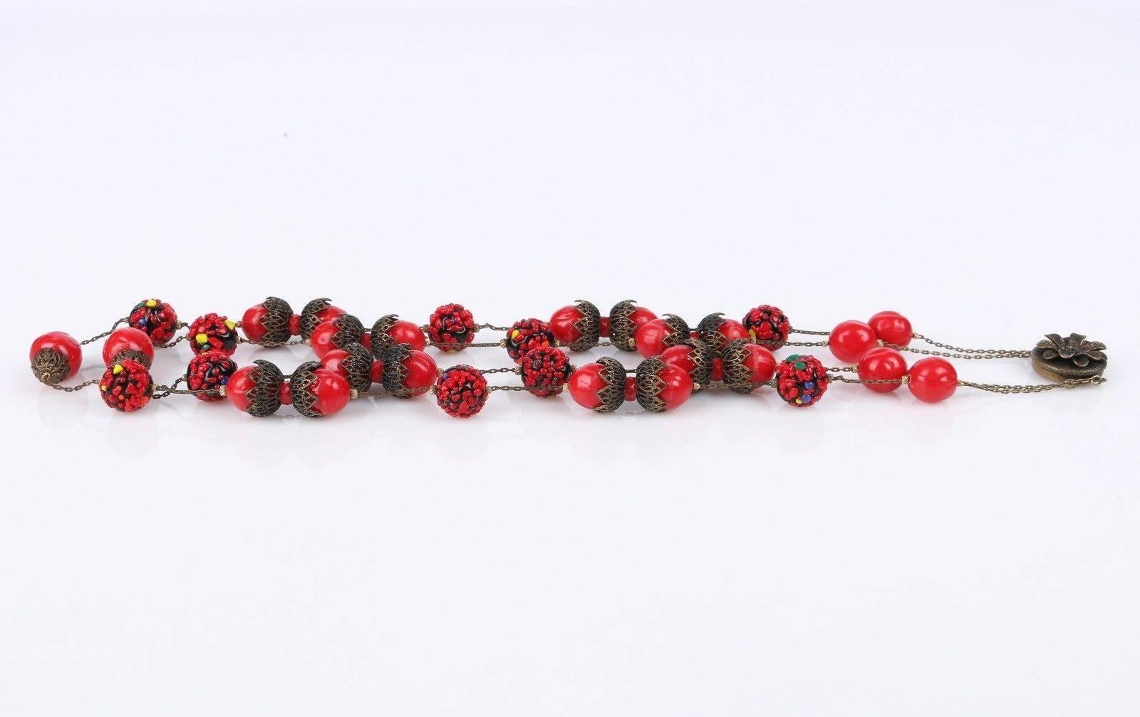 ALICE CAVINESS c.1940's Bronze Red Confetti Bead Double Chain Necklace 2