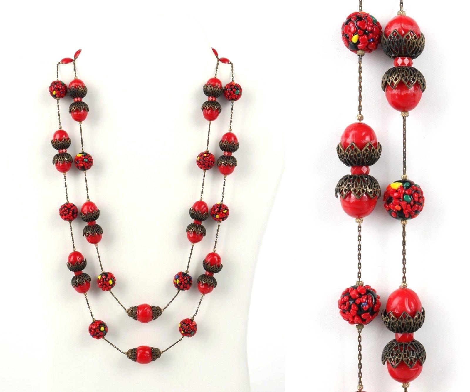 Vintage c.1940's early Alice Caviness bronze tone double chain red confetti glass bead necklace. Fine bronze tone link chain has alternating solid red color beads (measuring approximately 12mm) with large bronze tone filigree caps and black beads