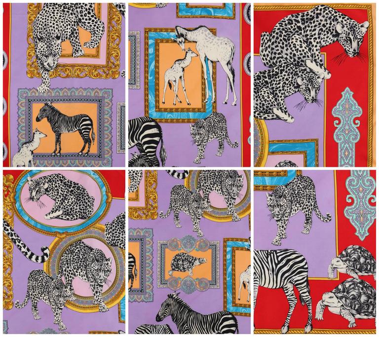 ATELIER VERSACE c.1980's Multicolored Baroque Frame Animal Print 100% Silk Scarf 1