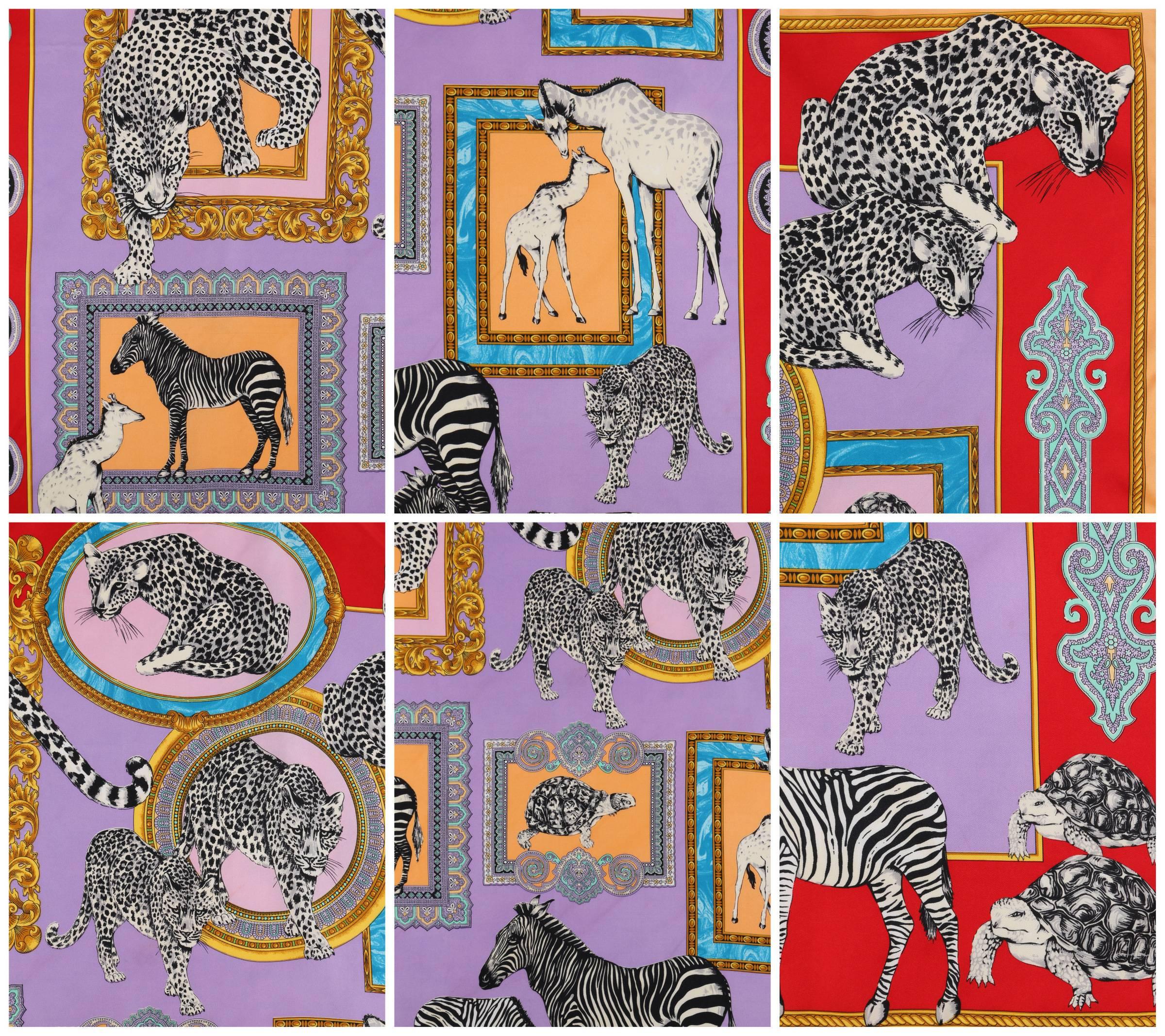 Beige ATELIER VERSACE c.1980's Multicolored Baroque Frame Animal Print 100% Silk Scarf