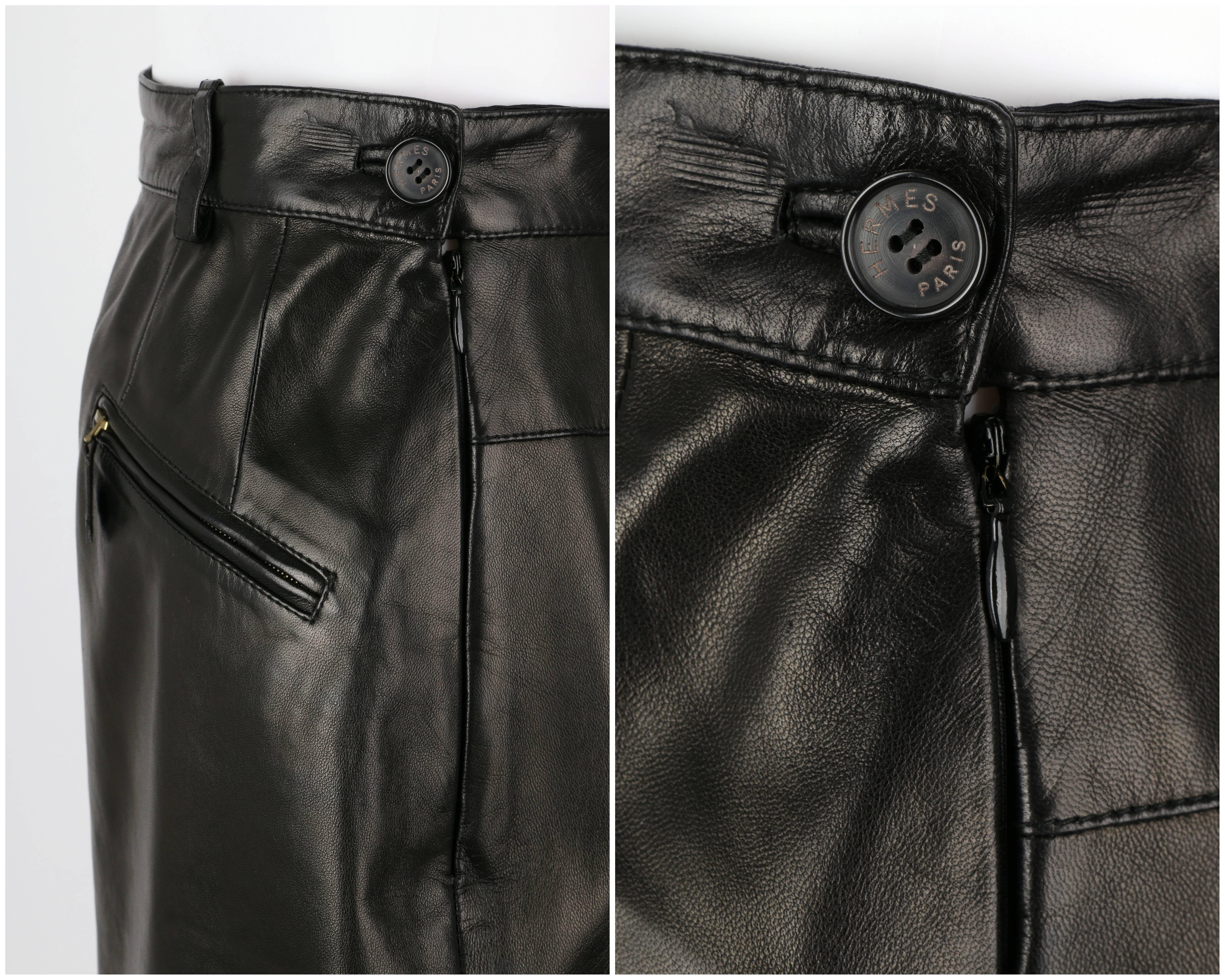 HERMES c.1990's Black Genuine Lambskin Leather Zipper Pencil Skirt Size 40 5