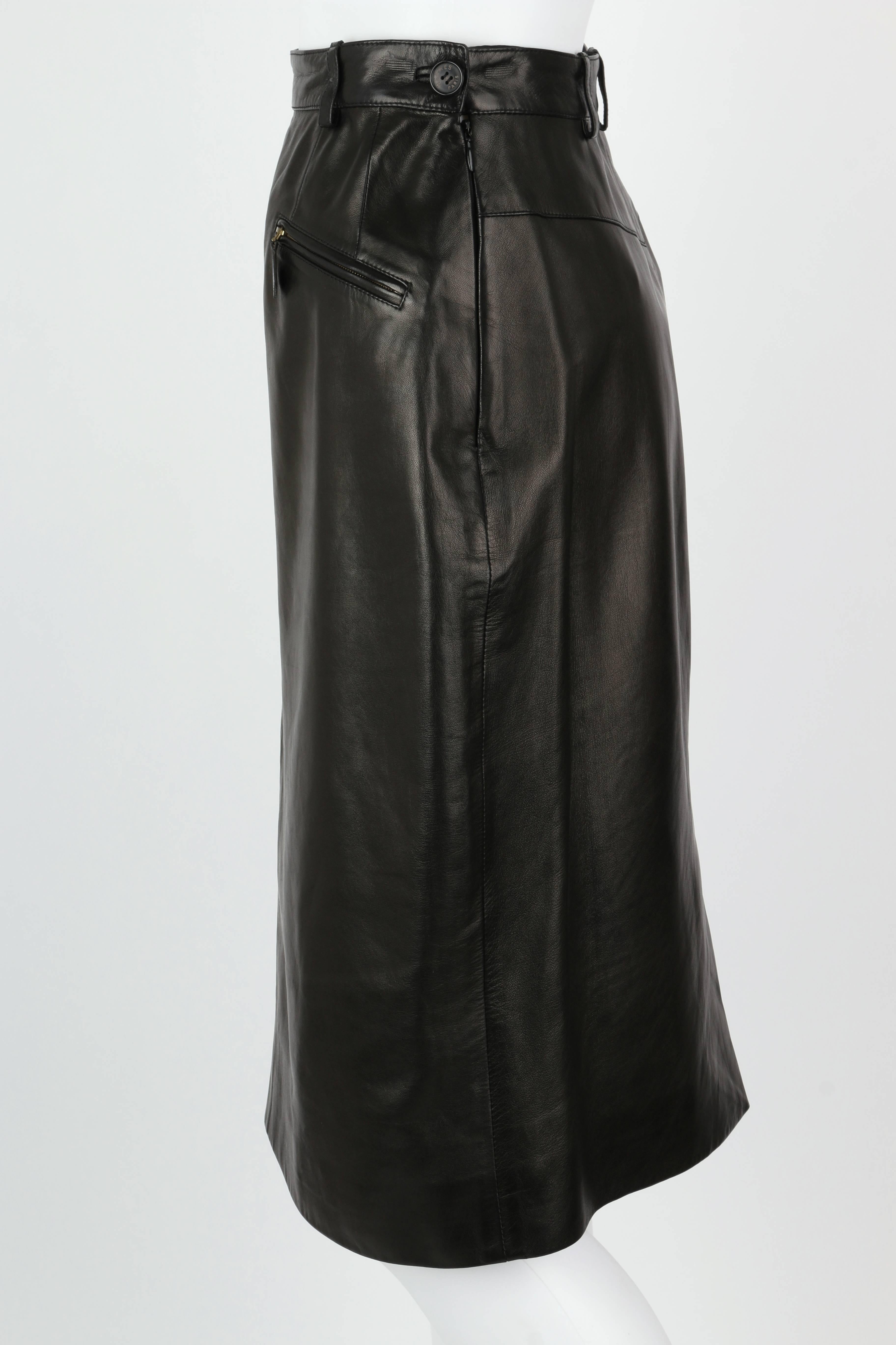 HERMES c.1990's Black Genuine Lambskin Leather Zipper Pencil Skirt Size 40 1
