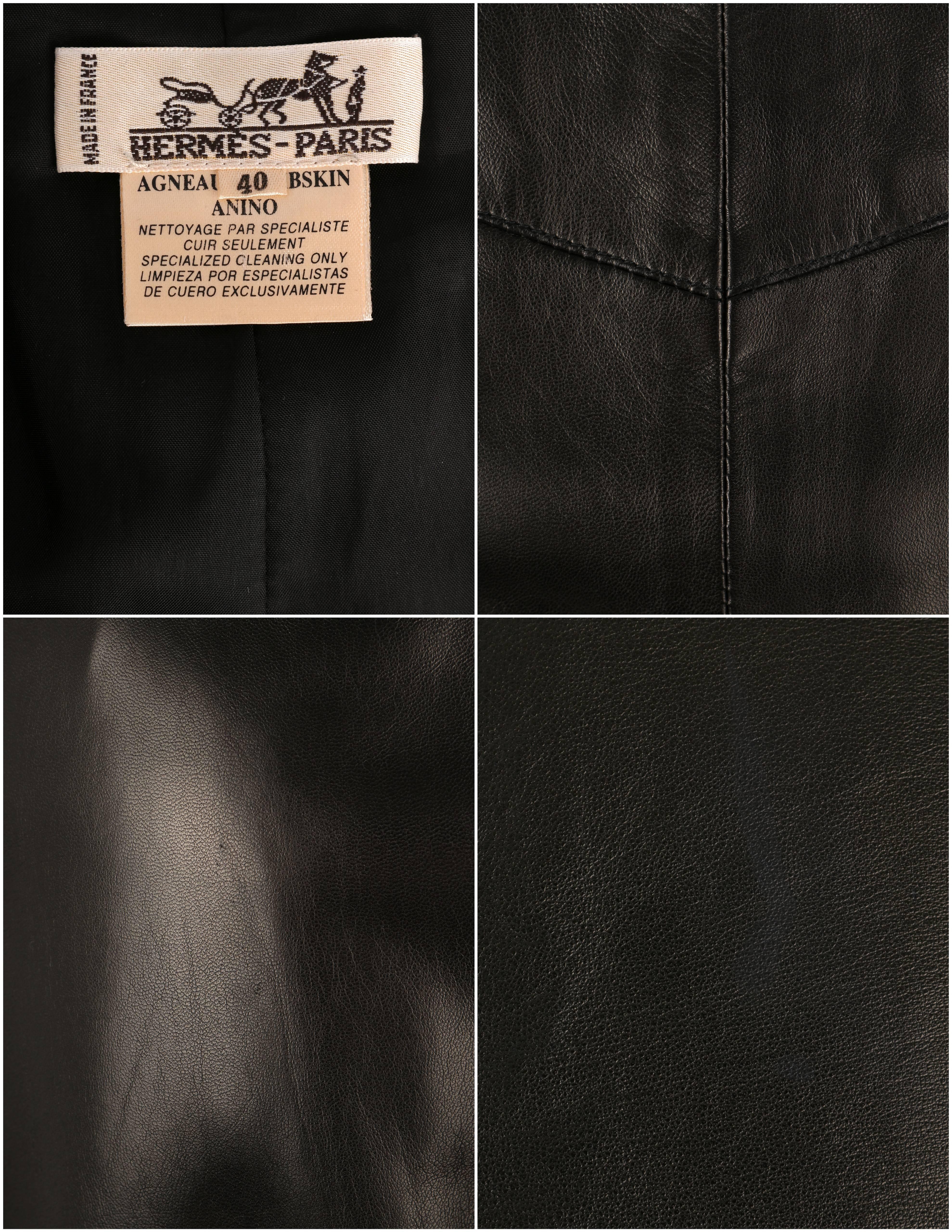 HERMES c.1990's Black Genuine Lambskin Leather Zipper Pencil Skirt Size 40 6