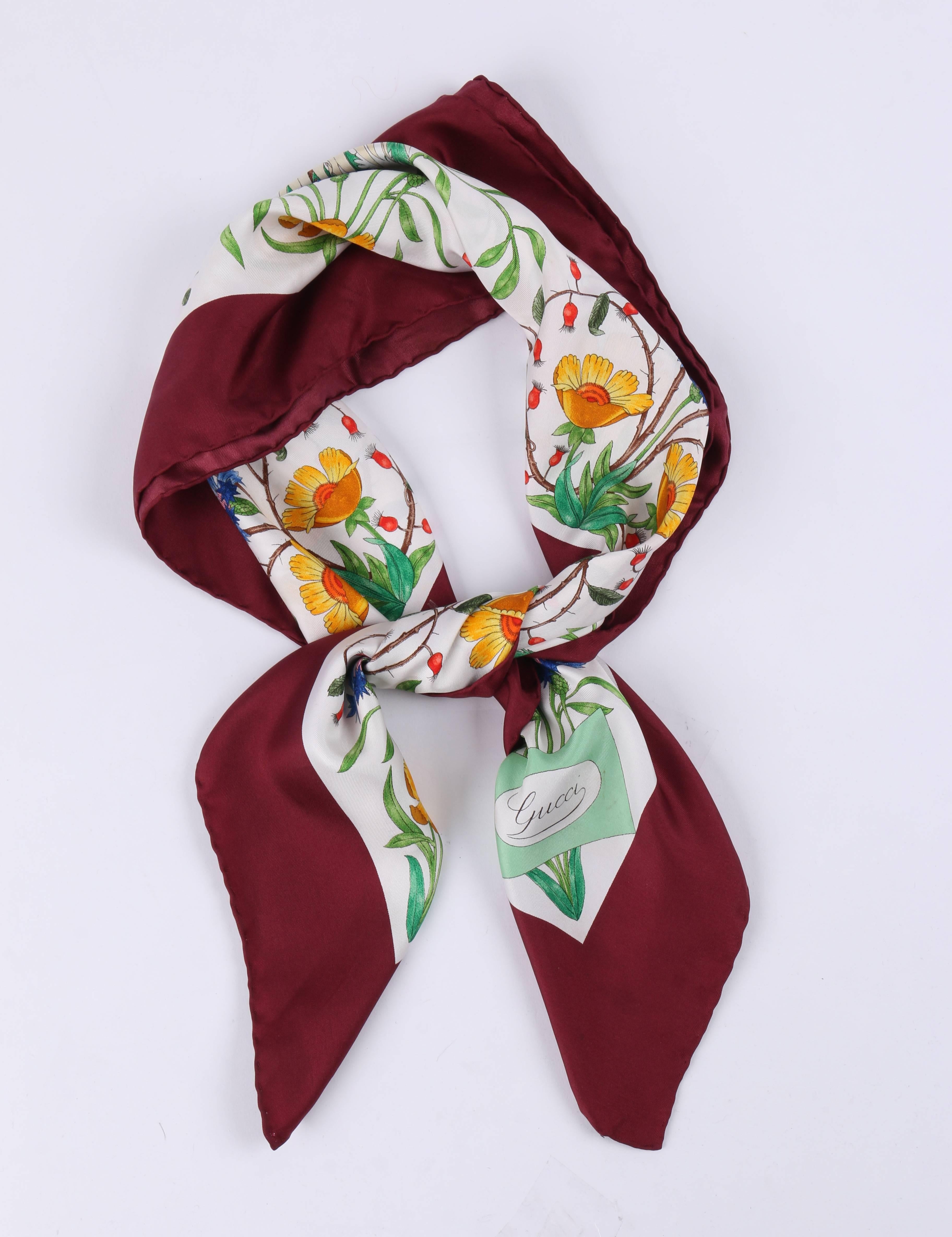 Beige GUCCI c.1970's V. Accornero Multicolor Symmetrical Floral Print 100% Silk Scarf