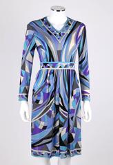 EMILIO PUCCI c.1960's Blue Signature Print V-neckline Long Sleeve Silk Dress
