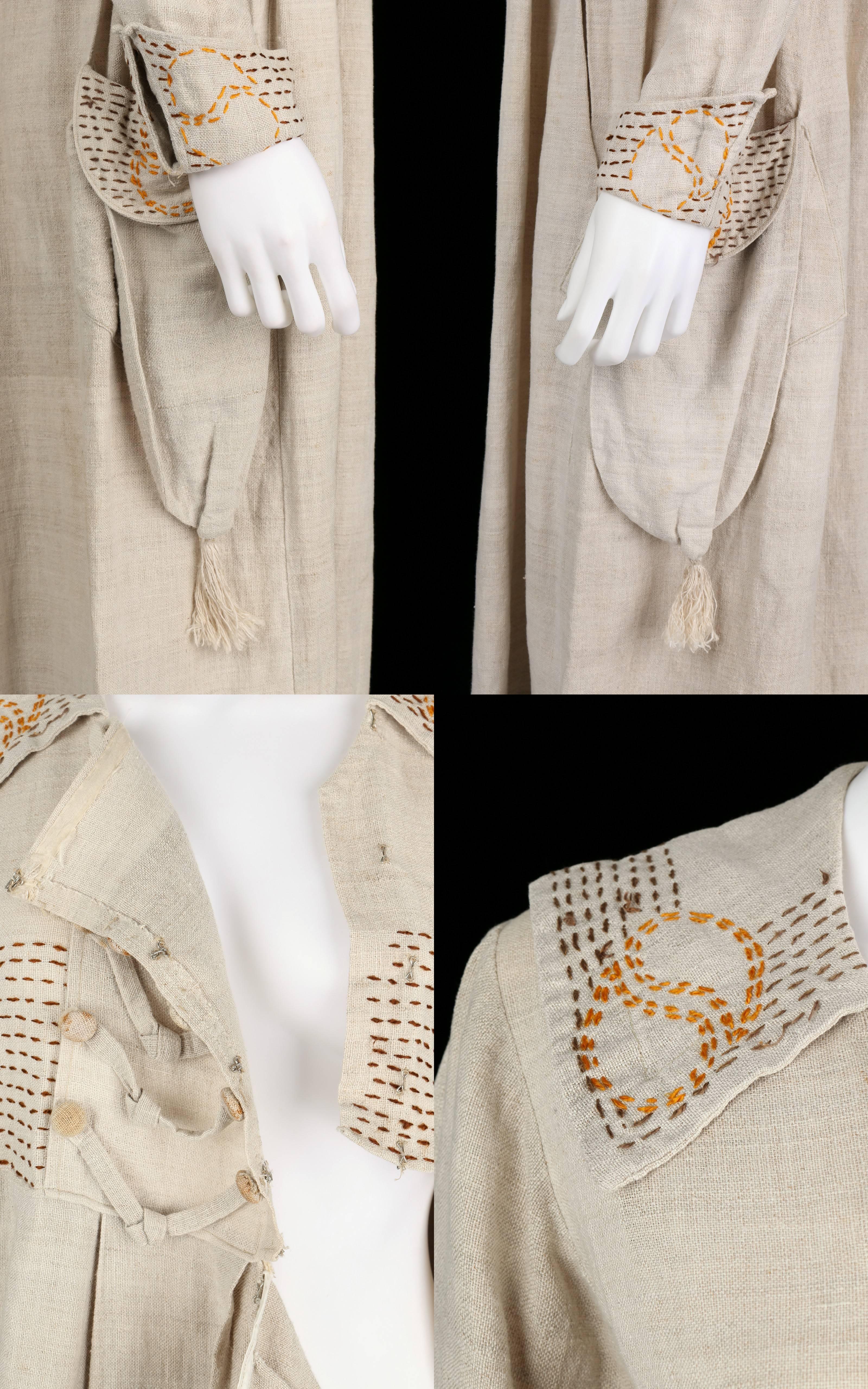COUTURE Edwardian c.1910s Natural Linen Hand Embroidered Rural Smock Frock Dress 1