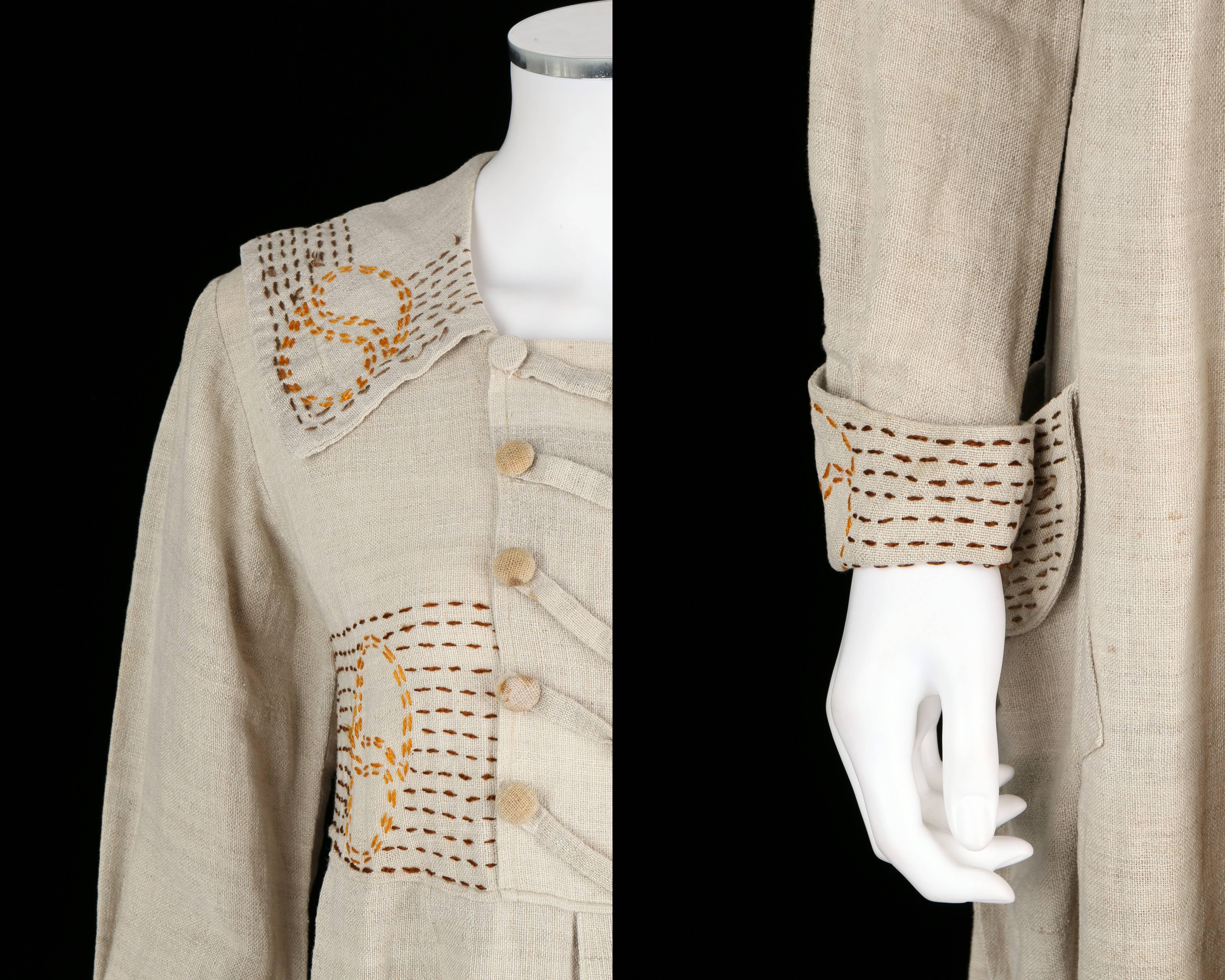 COUTURE Edwardian c.1910s Natural Linen Hand Embroidered Rural Smock Frock Dress In Good Condition In Thiensville, WI