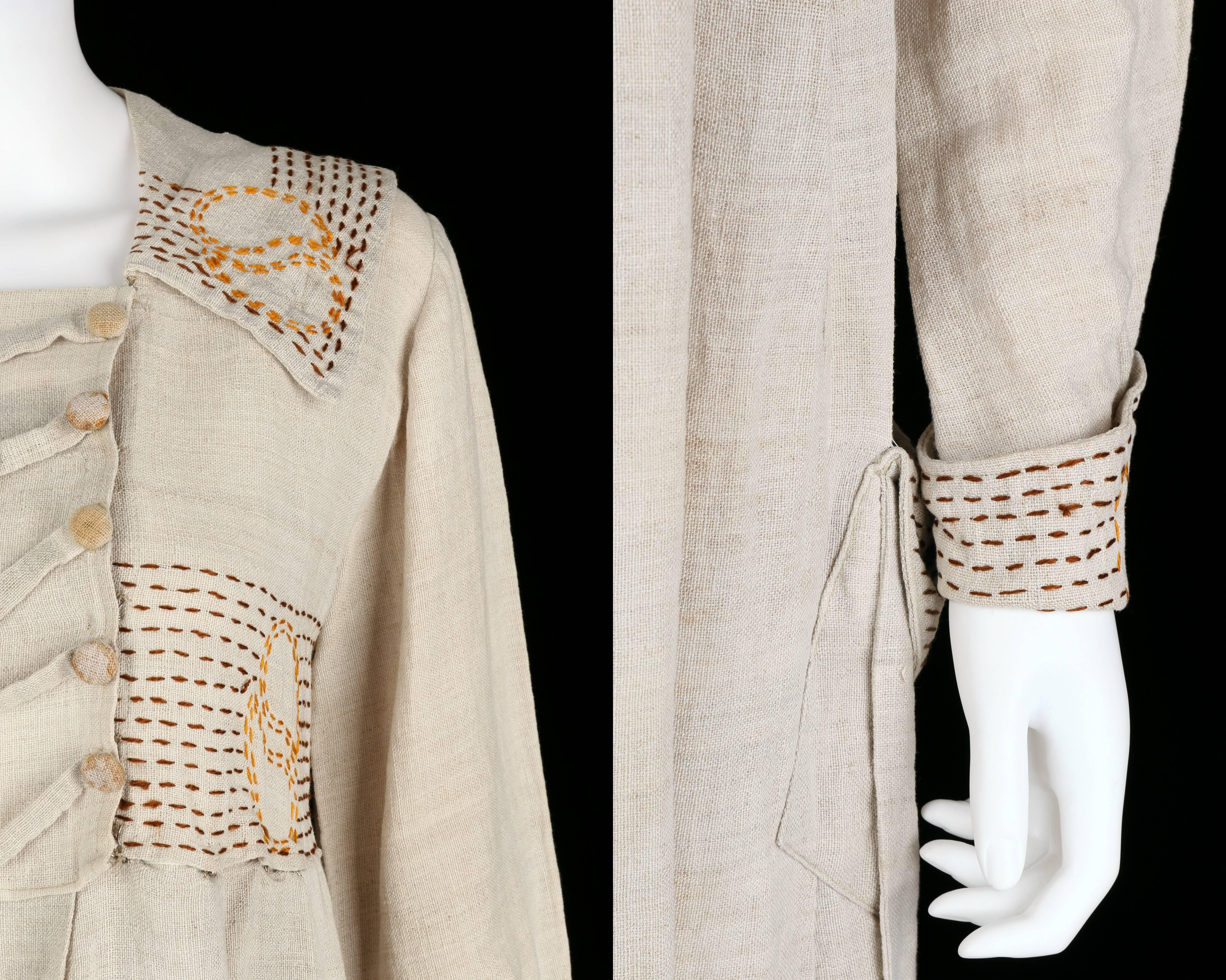 Women's COUTURE Edwardian c.1910s Natural Linen Hand Embroidered Rural Smock Frock Dress