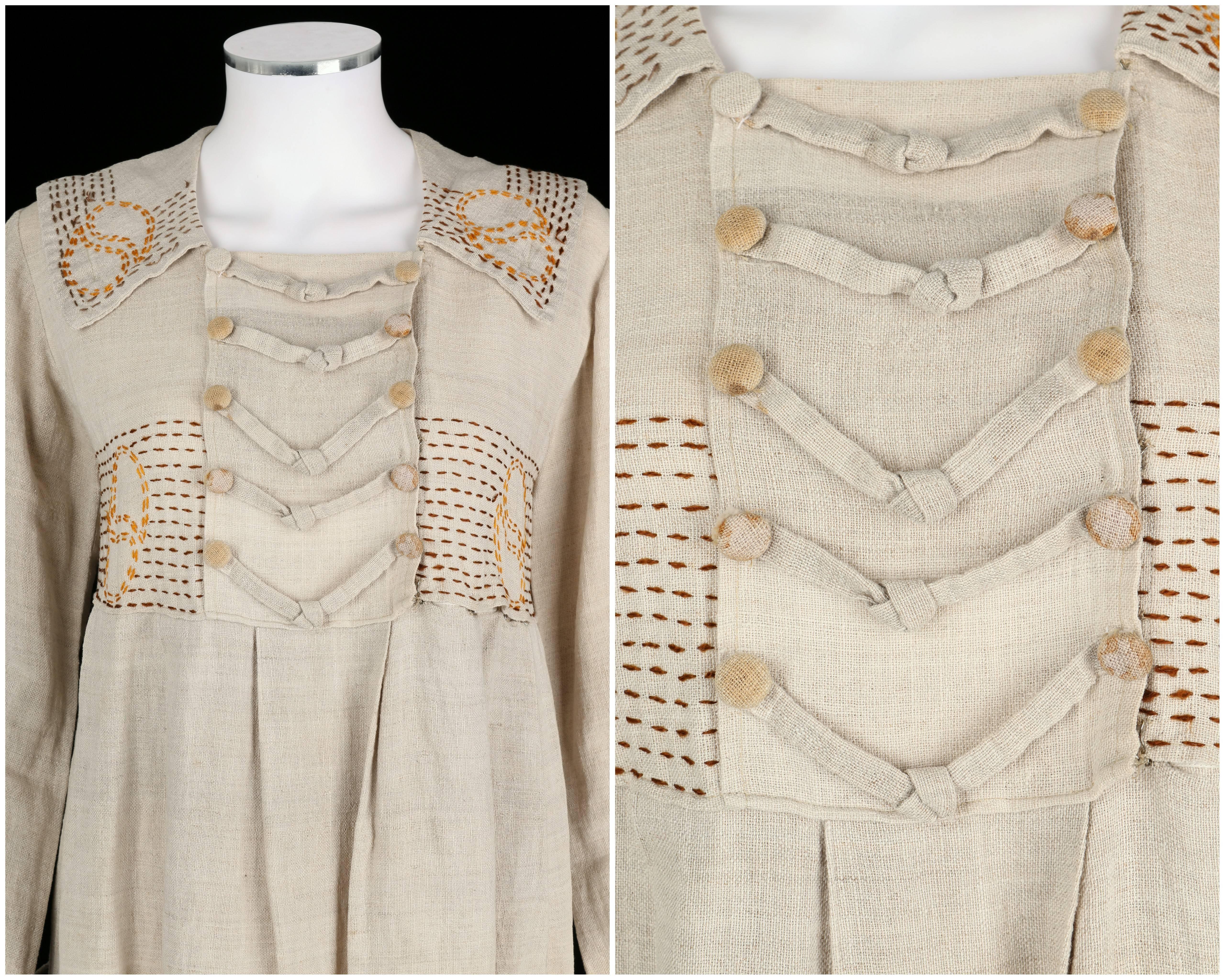 Beige COUTURE Edwardian c.1910s Natural Linen Hand Embroidered Rural Smock Frock Dress