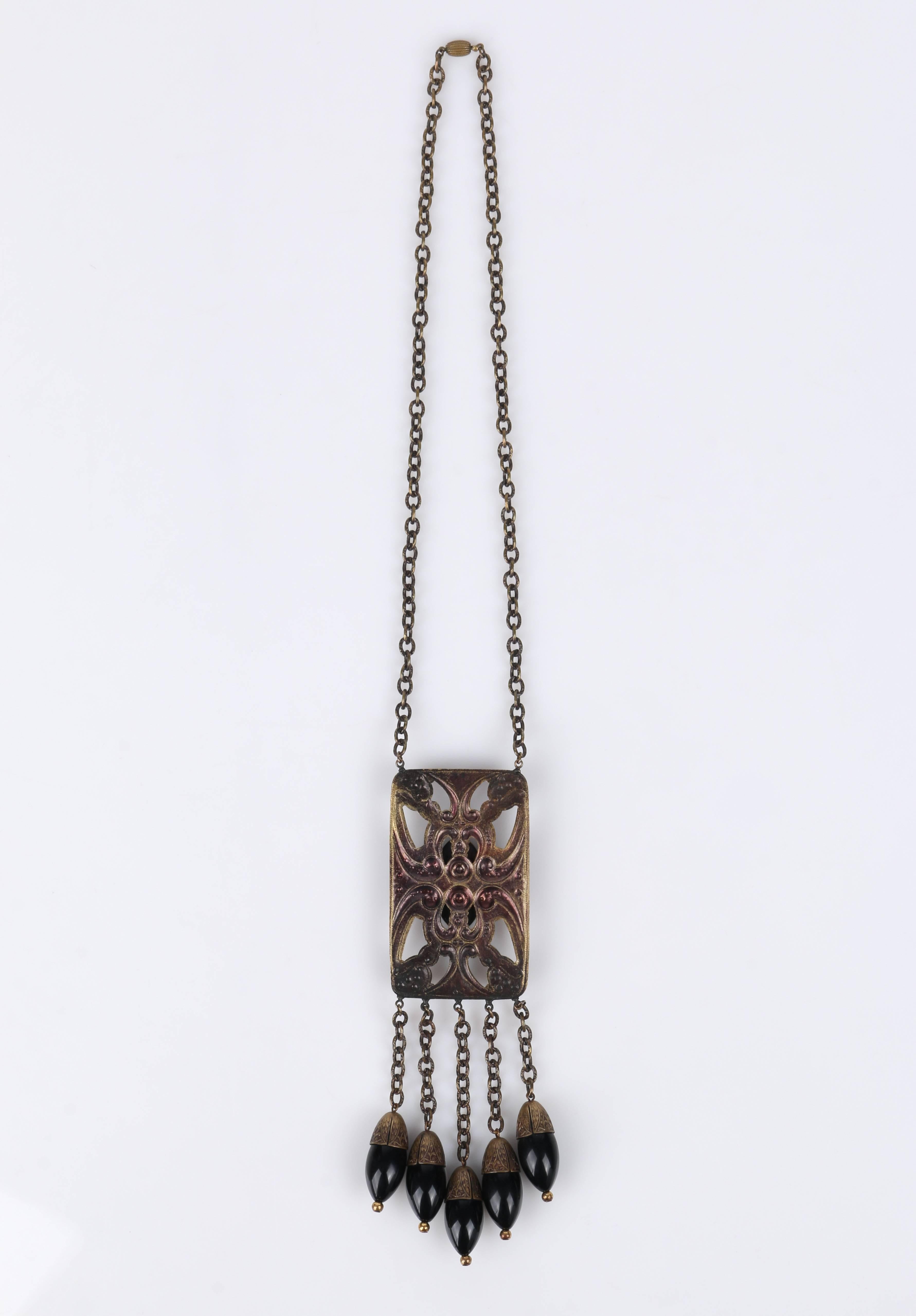 Women's ART DECO c.1920's Bronze Black Onyx Large Pendant Bead Dangles Chain Necklace For Sale